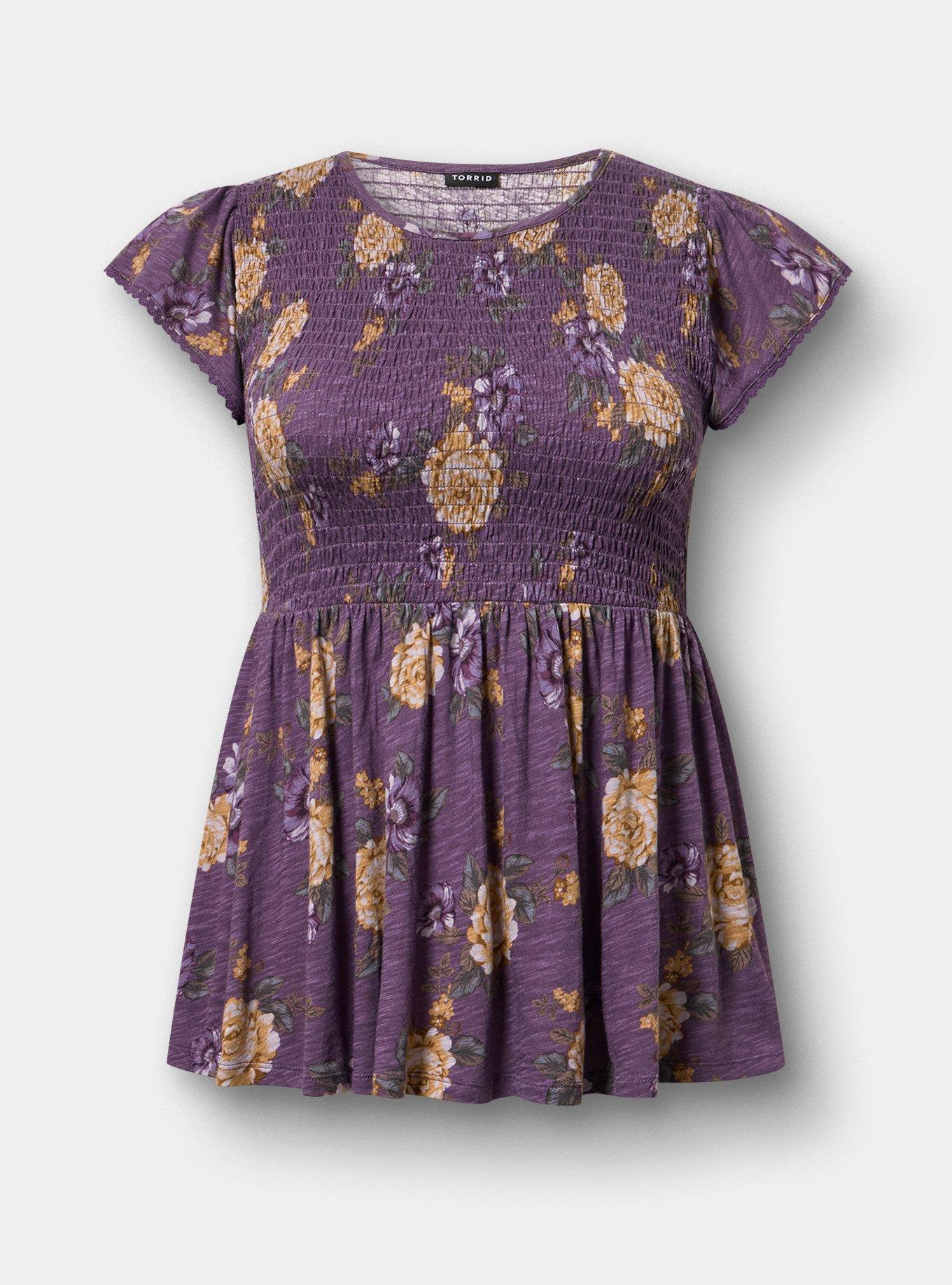 Smocked Crew Babydoll Top, BRENDA FLORAL PURPLE, flat