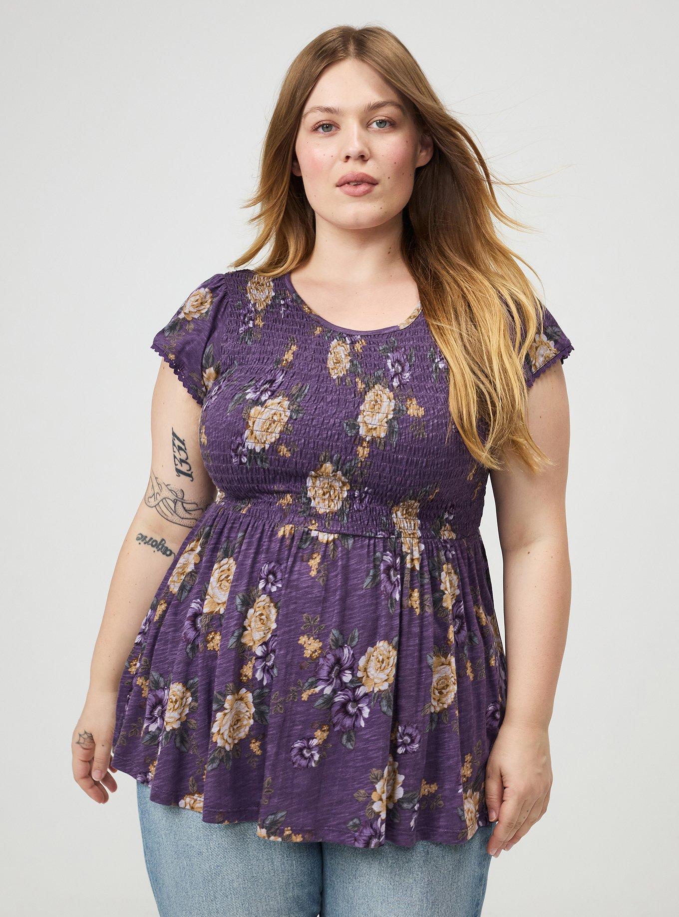 Smocked Crew Babydoll Top, BRENDA FLORAL PURPLE, hi-res