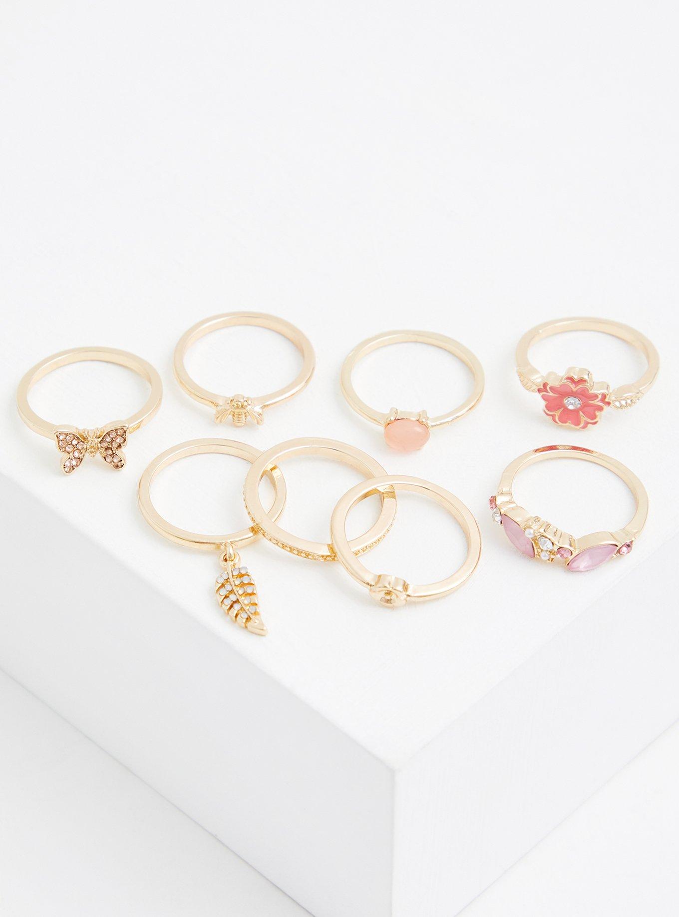 Plus Size GOLD TONE PINK FLORAL & BUTTERFLY RING SET - SET OF 8, GOLD, alternate