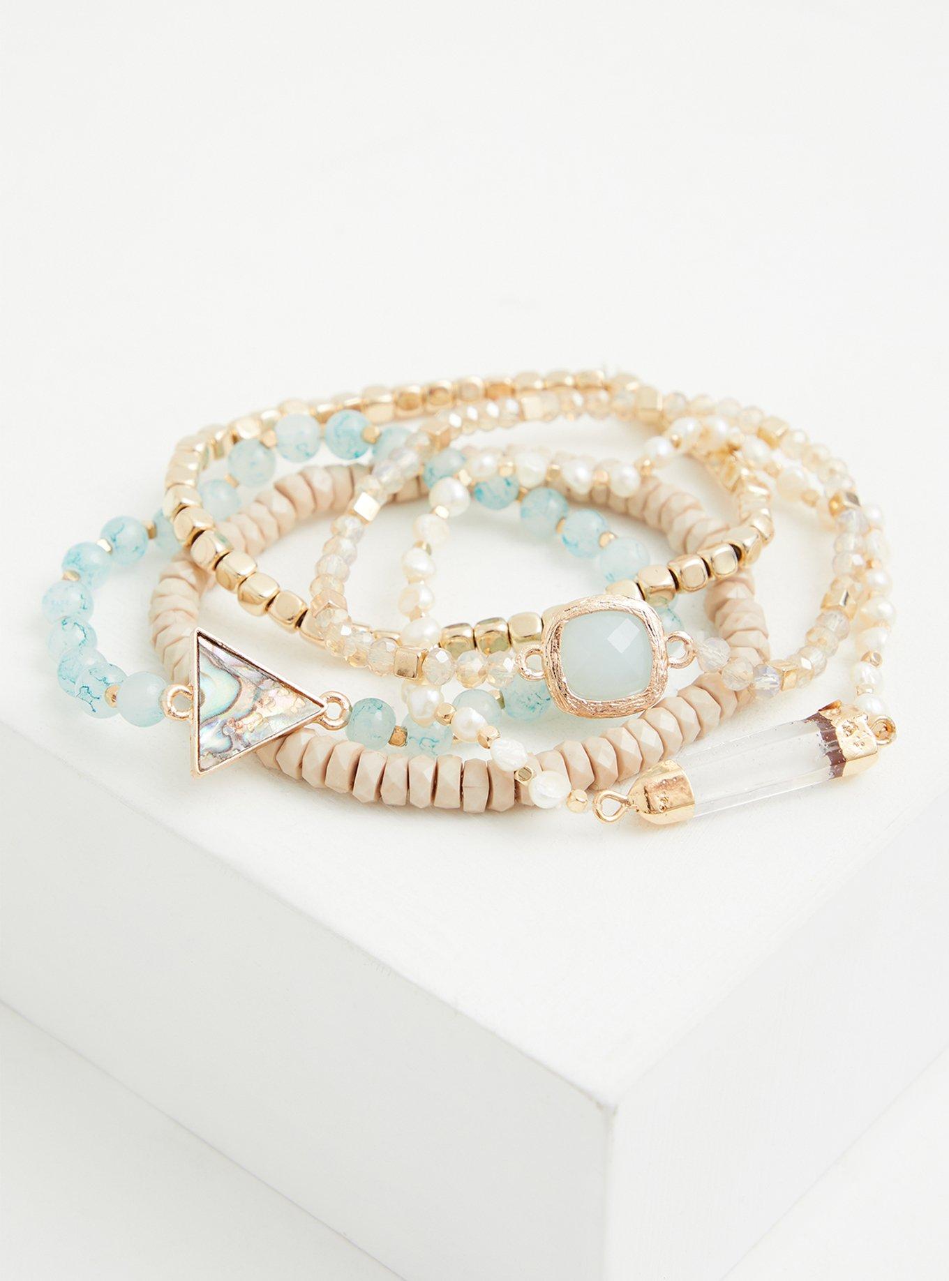 Plus Size - Gold-Tone & Mint Beaded Stretch Bracelet Set - Set of 5 ...