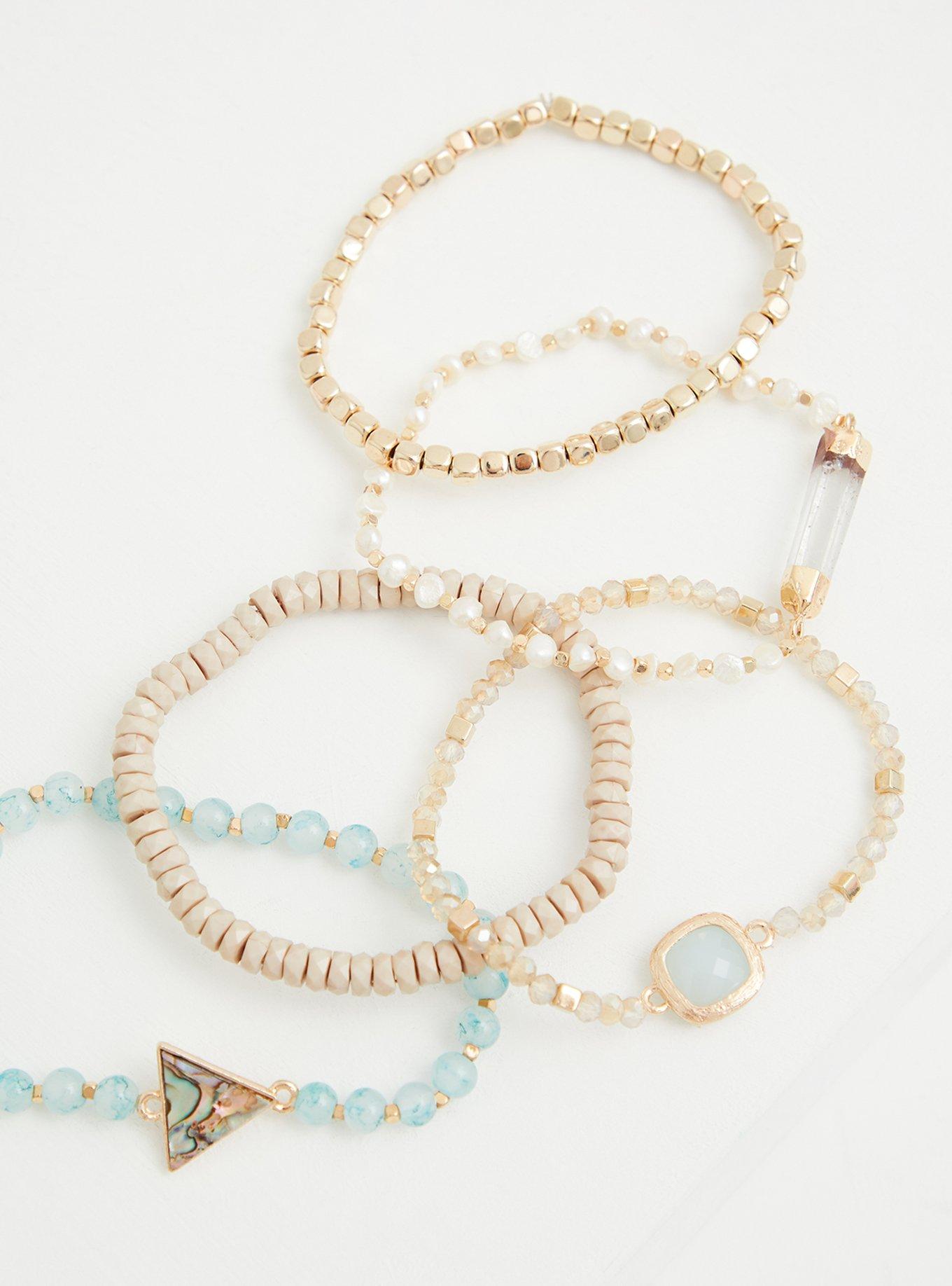 Plus Size - Gold-Tone & Mint Beaded Stretch Bracelet Set - Set of 5 ...
