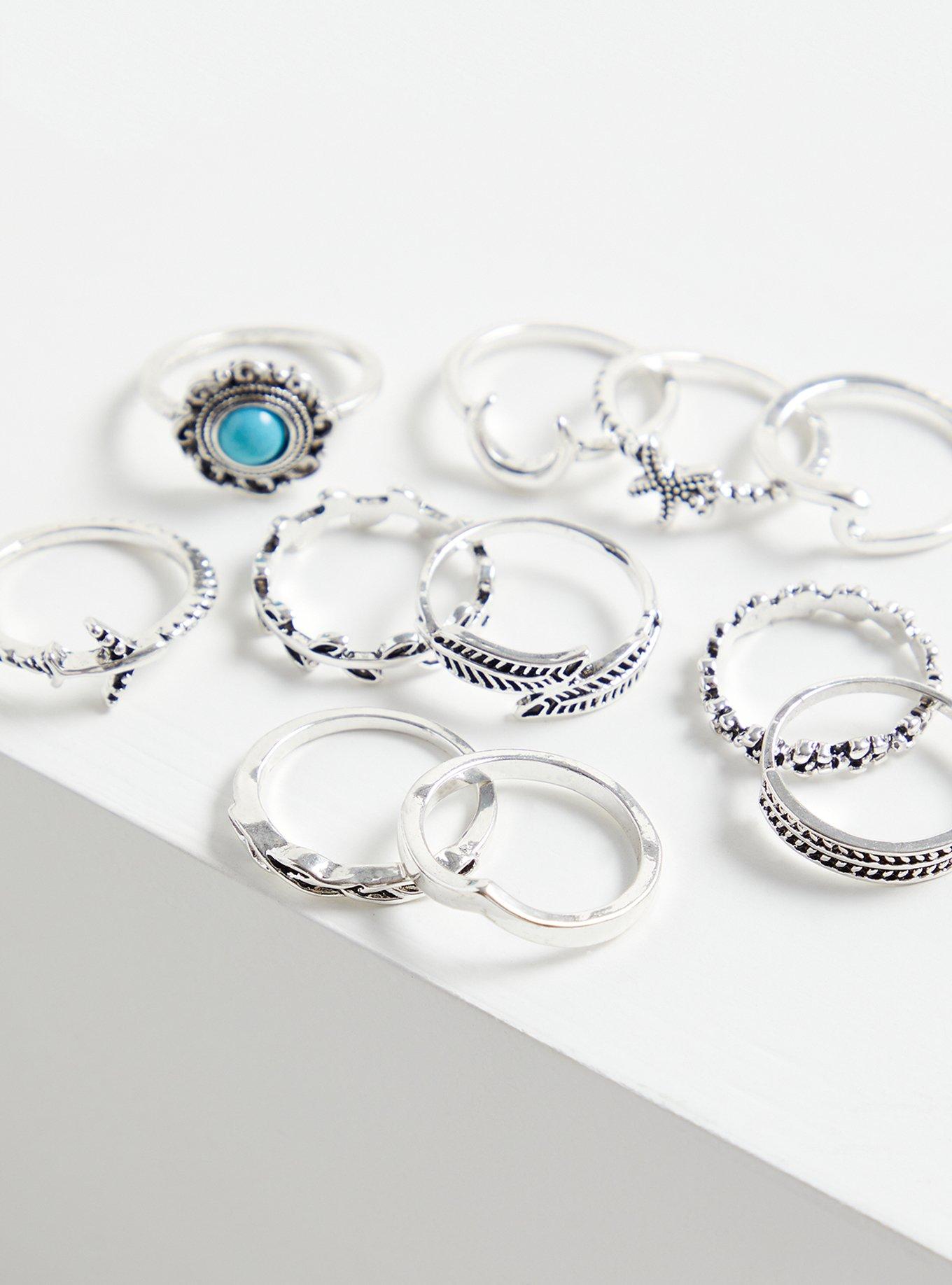 Plus Size Silver-Tone Faux Turquoise Ring Set - Set of 11, TURQUOISE, hi-res