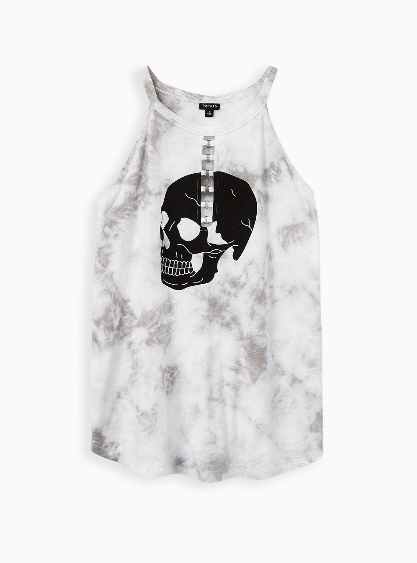 Skull O-Ring Grey Tie Dye High Neck Tank, , hi-res