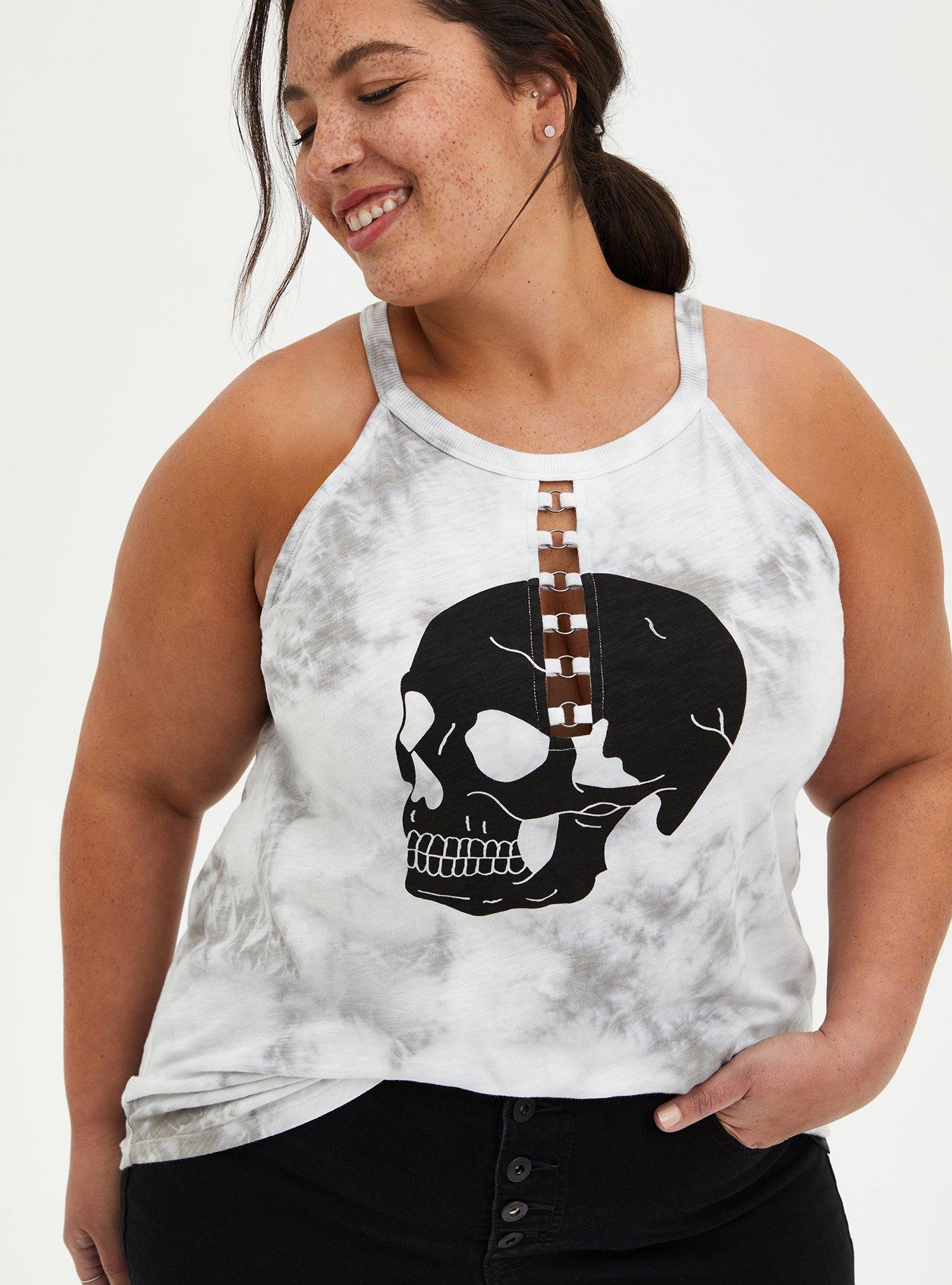 Skull O-Ring Grey Tie Dye High Neck Tank, , hi-res