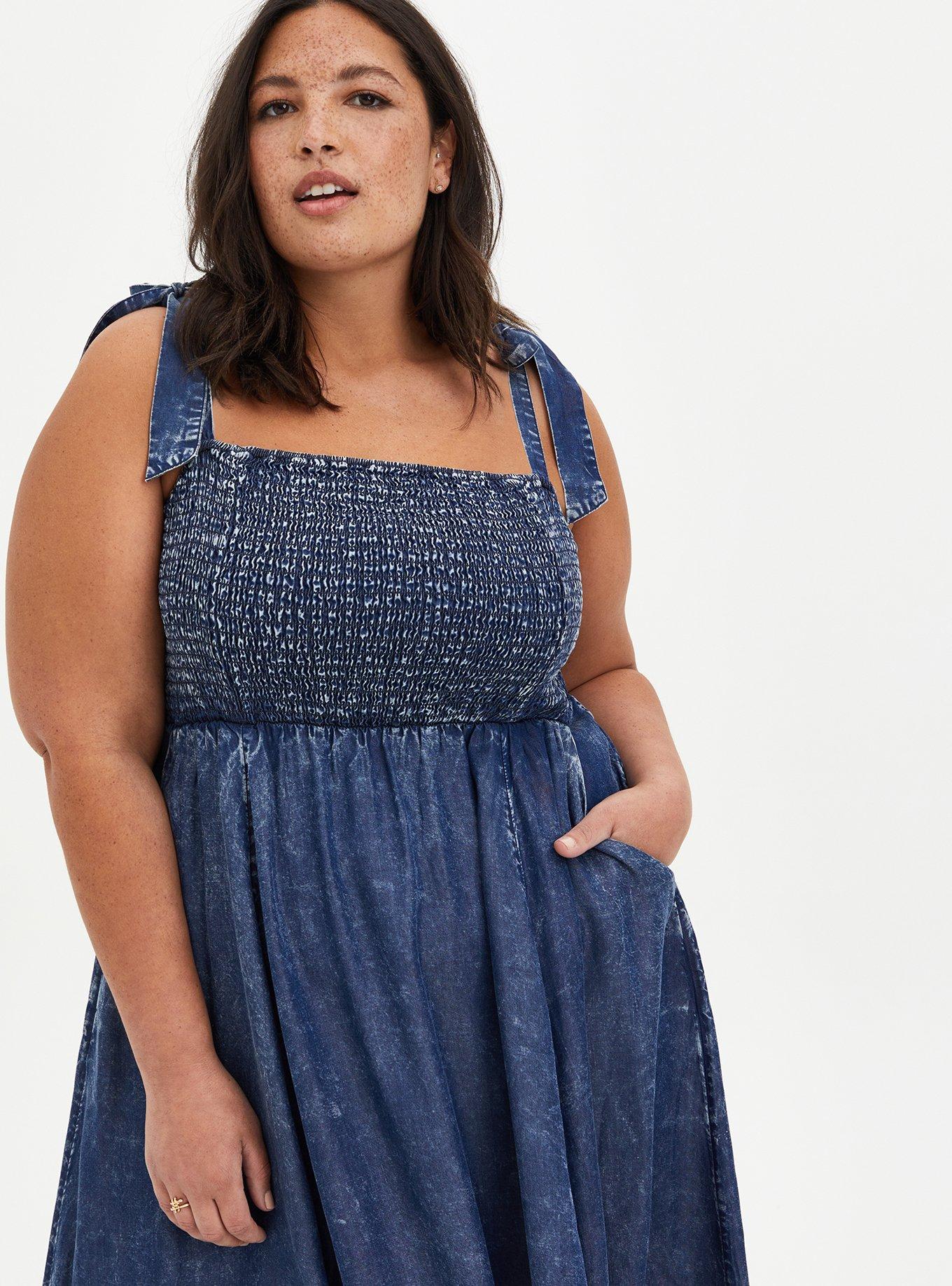 Plus Size Chambray Wash Smocked Midi Dress , CHAMBRAY, alternate