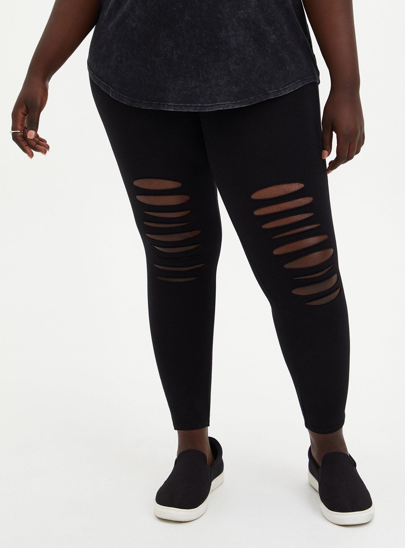 Plus Size Premium Leggings - Knee Destruction Black , BLACK, alternate