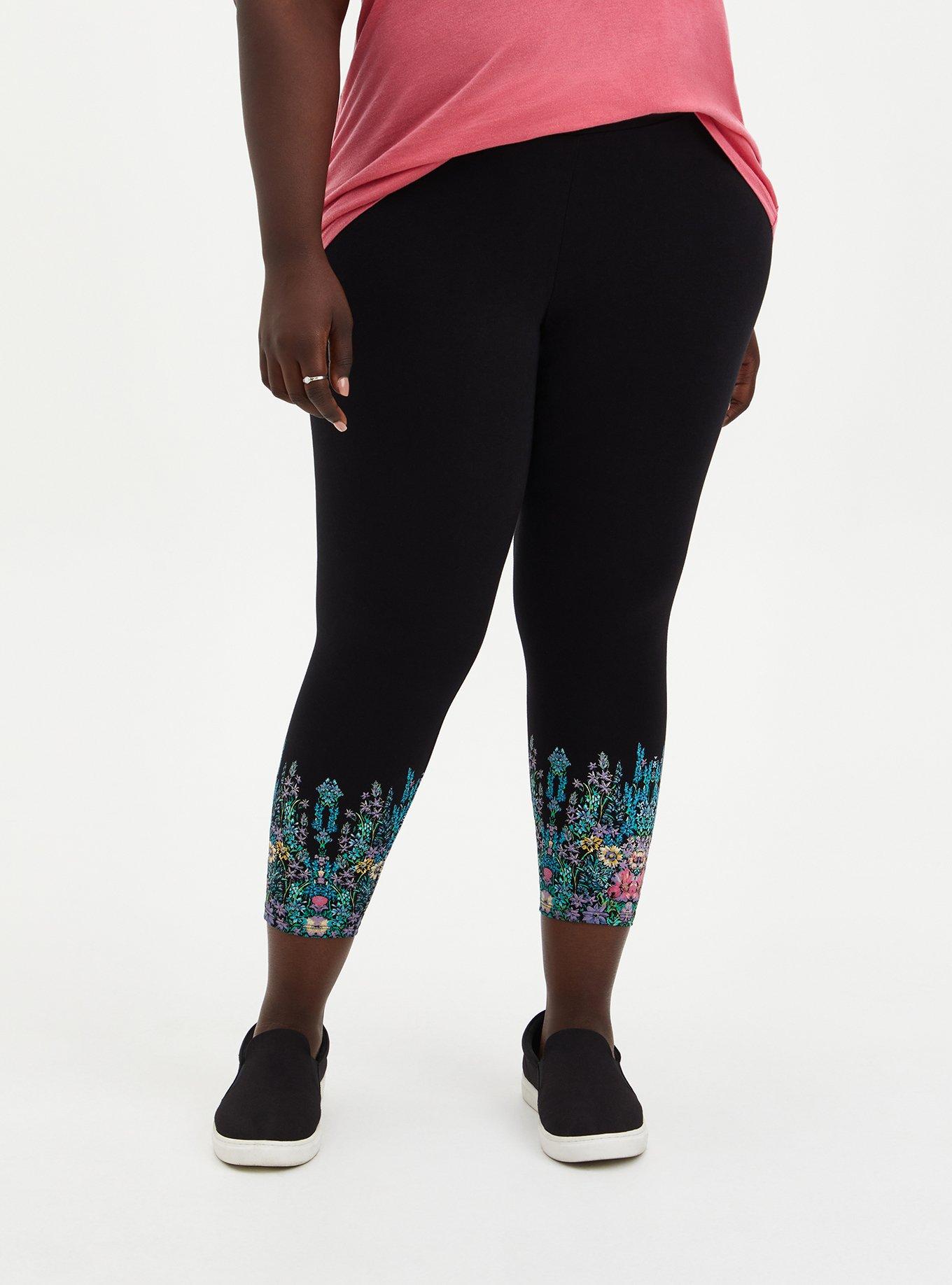 Plus Size Crop Premium Leggings - Floral Leg Placement Black , BLACK, alternate