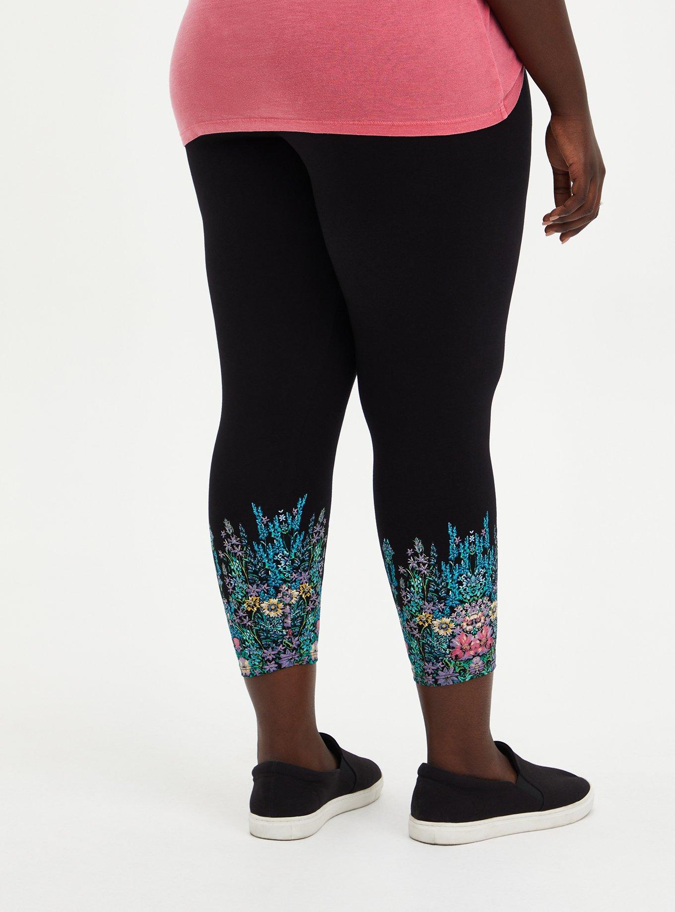 Plus Size Crop Premium Leggings - Floral Leg Placement Black , BLACK, alternate