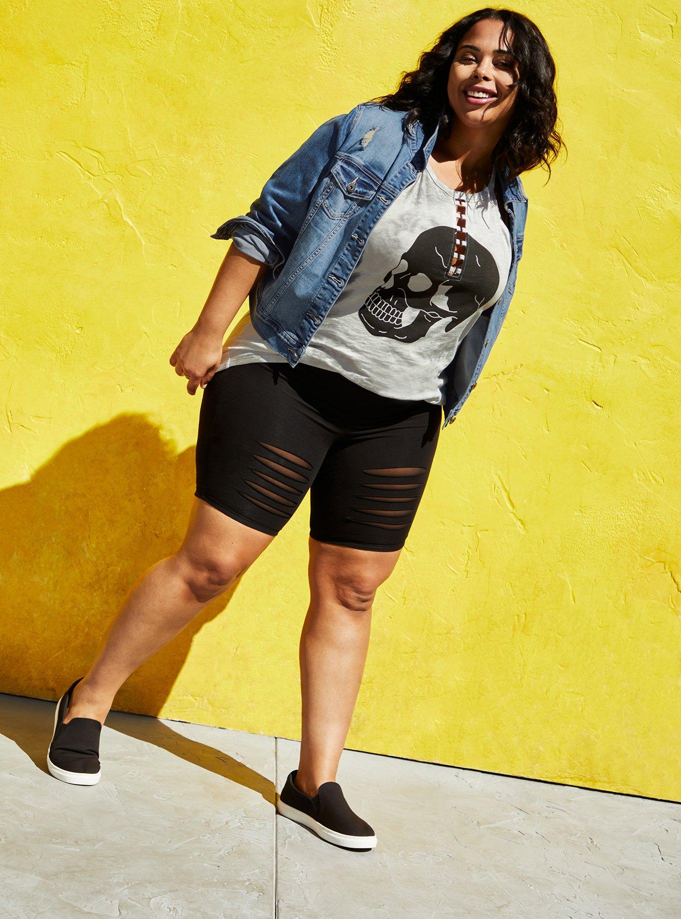 Plus Size Black Shredded Front Bike Short Torrid