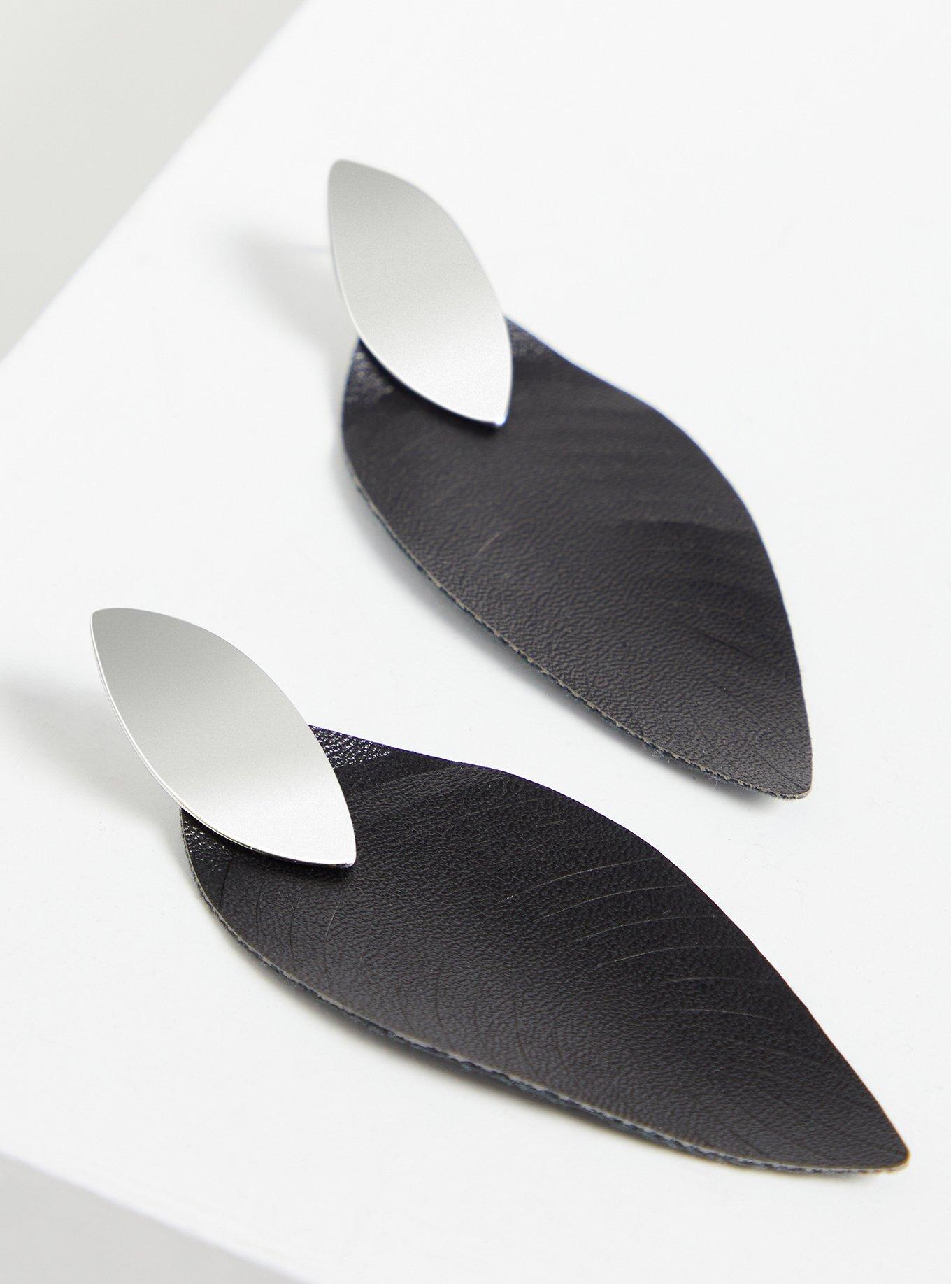 Plus Size Black Faux Leather Leaf Earring, , alternate