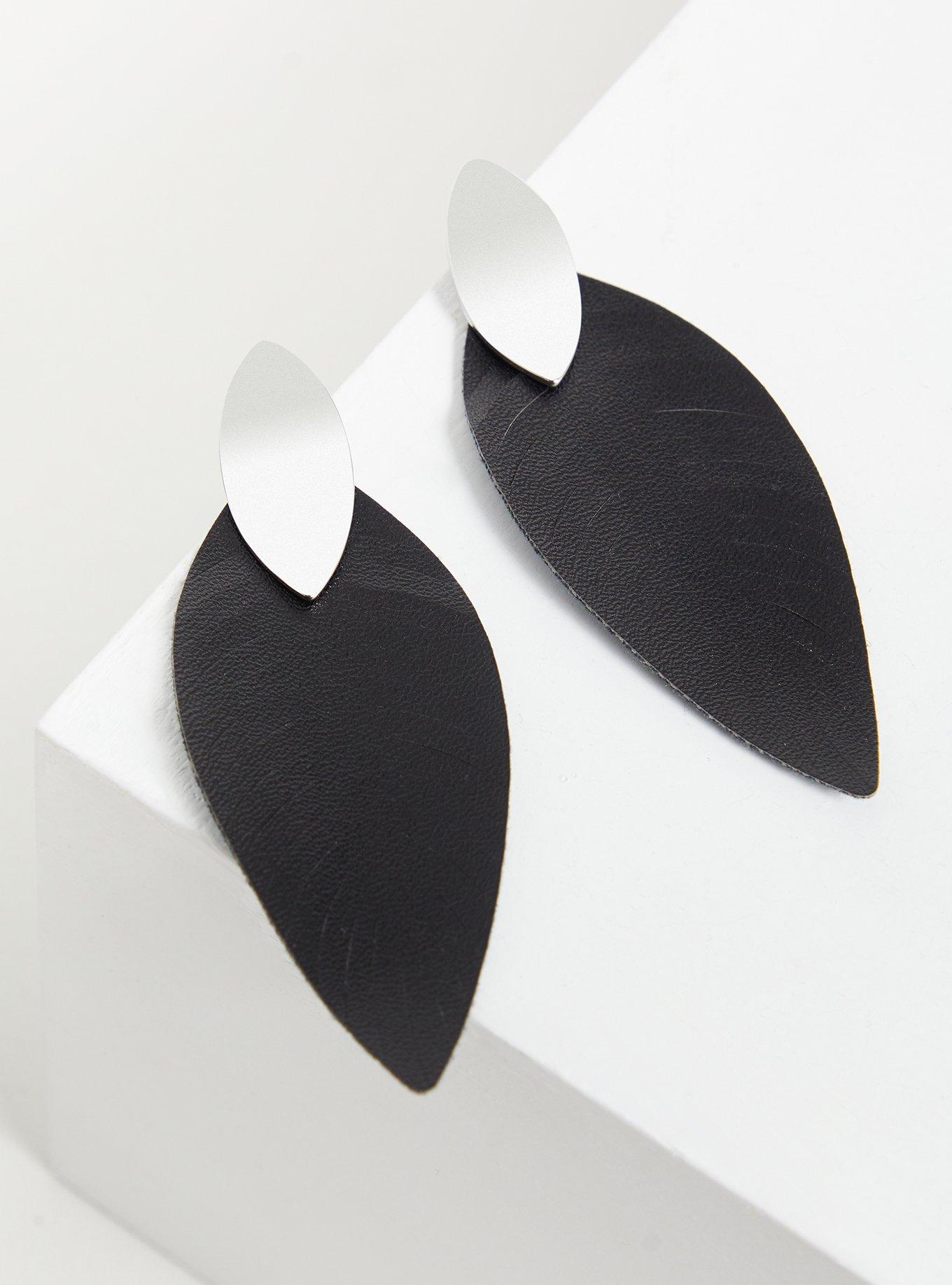 Plus Size Black Faux Leather Leaf Earring, , hi-res