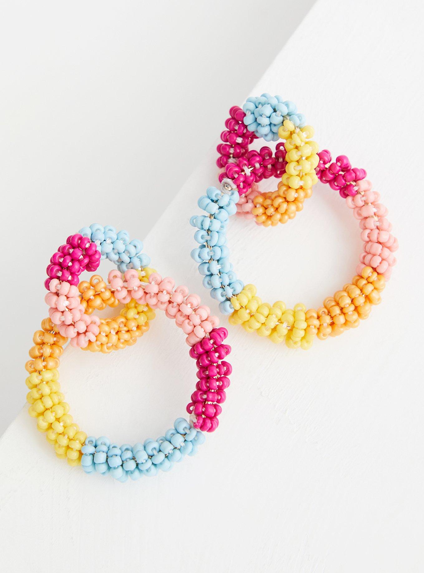 Plus Size Multi Color Beaded Double Hoop Earring , , alternate