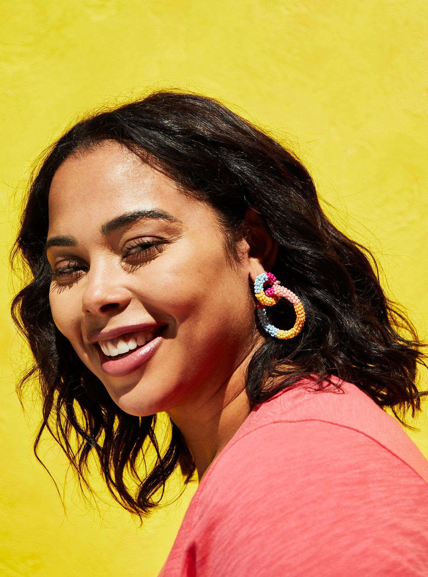 Plus Size Multi Color Beaded Double Hoop Earring , , hi-res