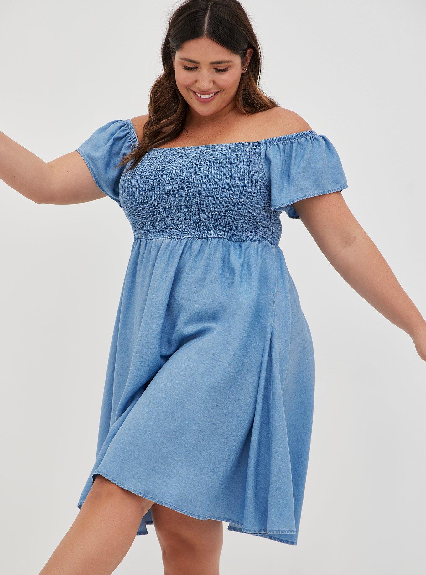 Blue Chambray Off-Shoulder Smocked Skater Dress, CHAMBRAY, alternate