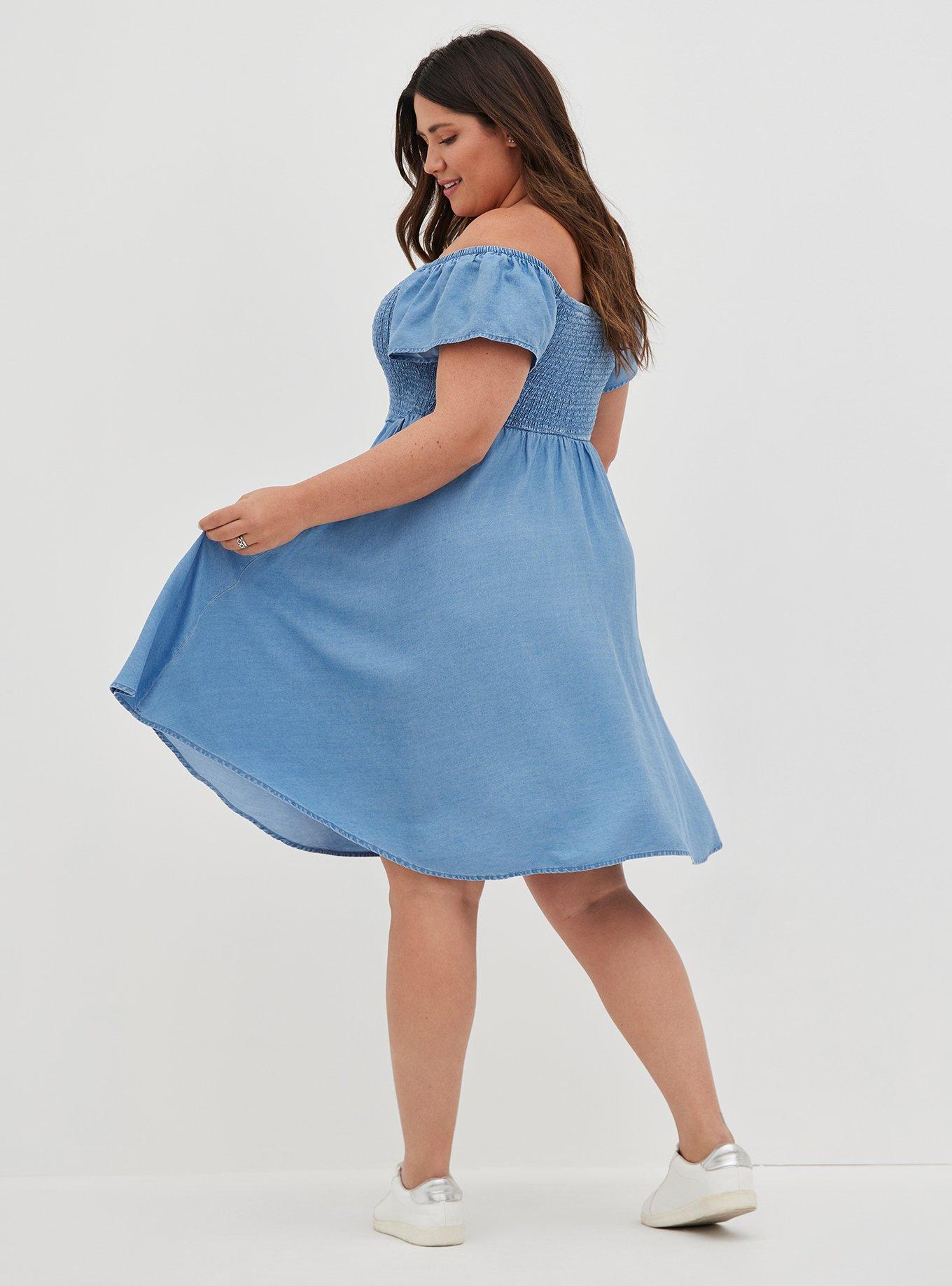 Plus Size - Blue Chambray Off-Shoulder Smocked Skater Dress - Torrid