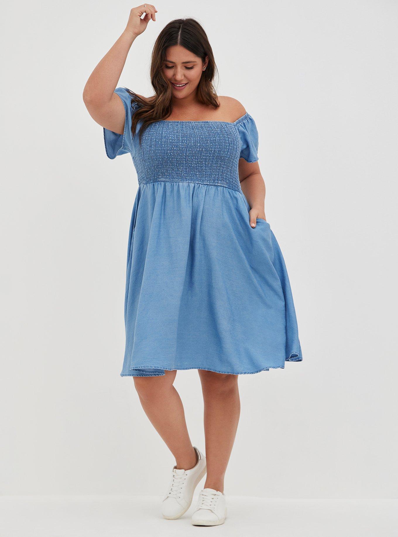 Plus Size - Blue Chambray Off-Shoulder Smocked Skater Dress - Torrid