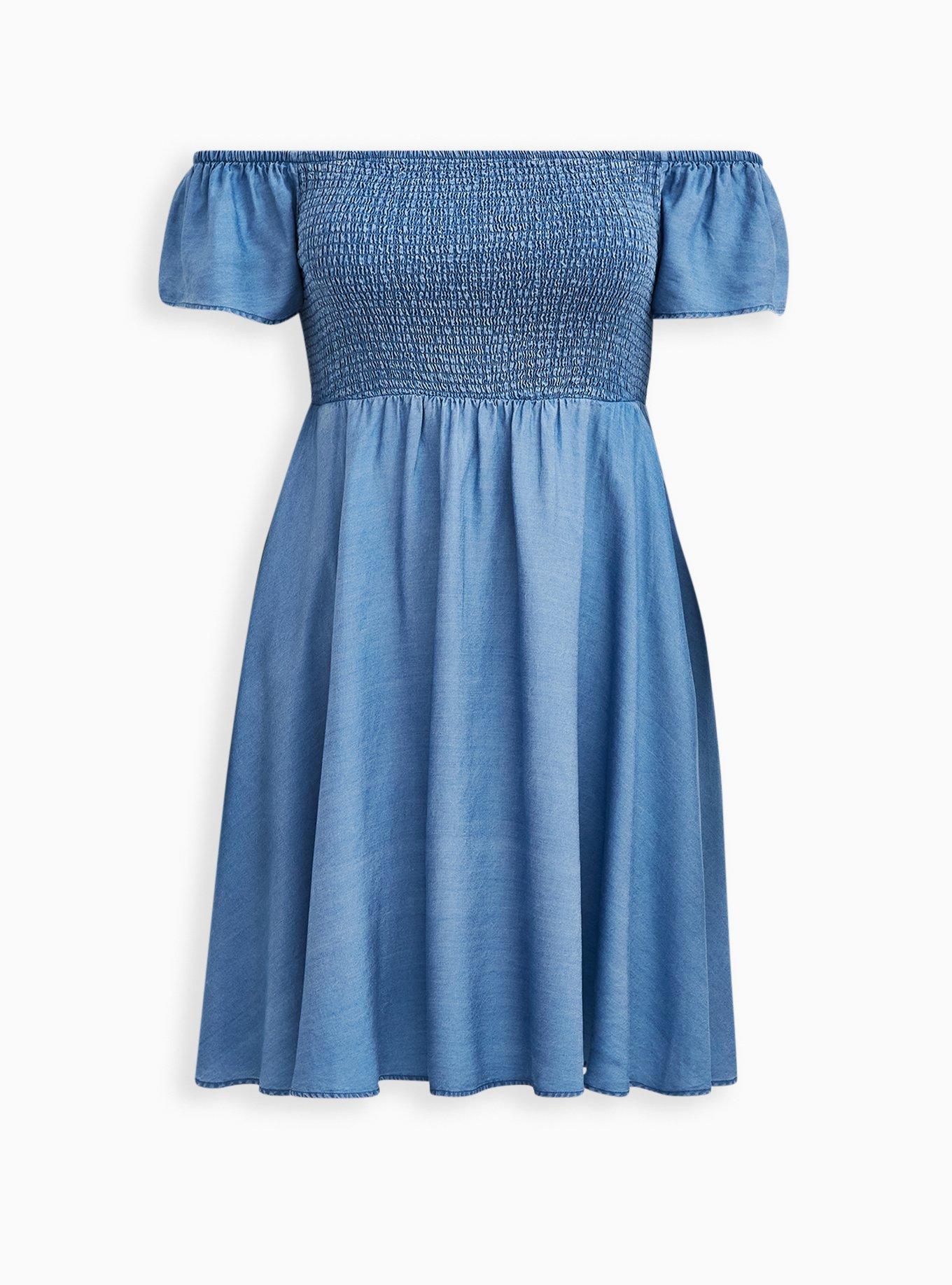 Blue Chambray Off-Shoulder Smocked Skater Dress, , hi-res