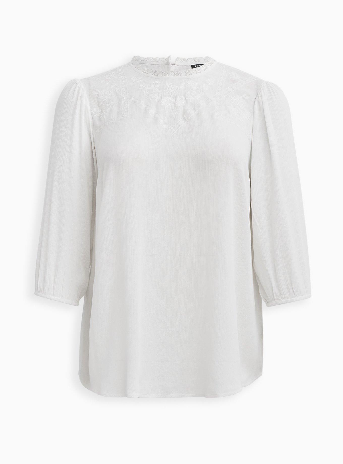 White Crinkle Gauze Embroidered Blouse