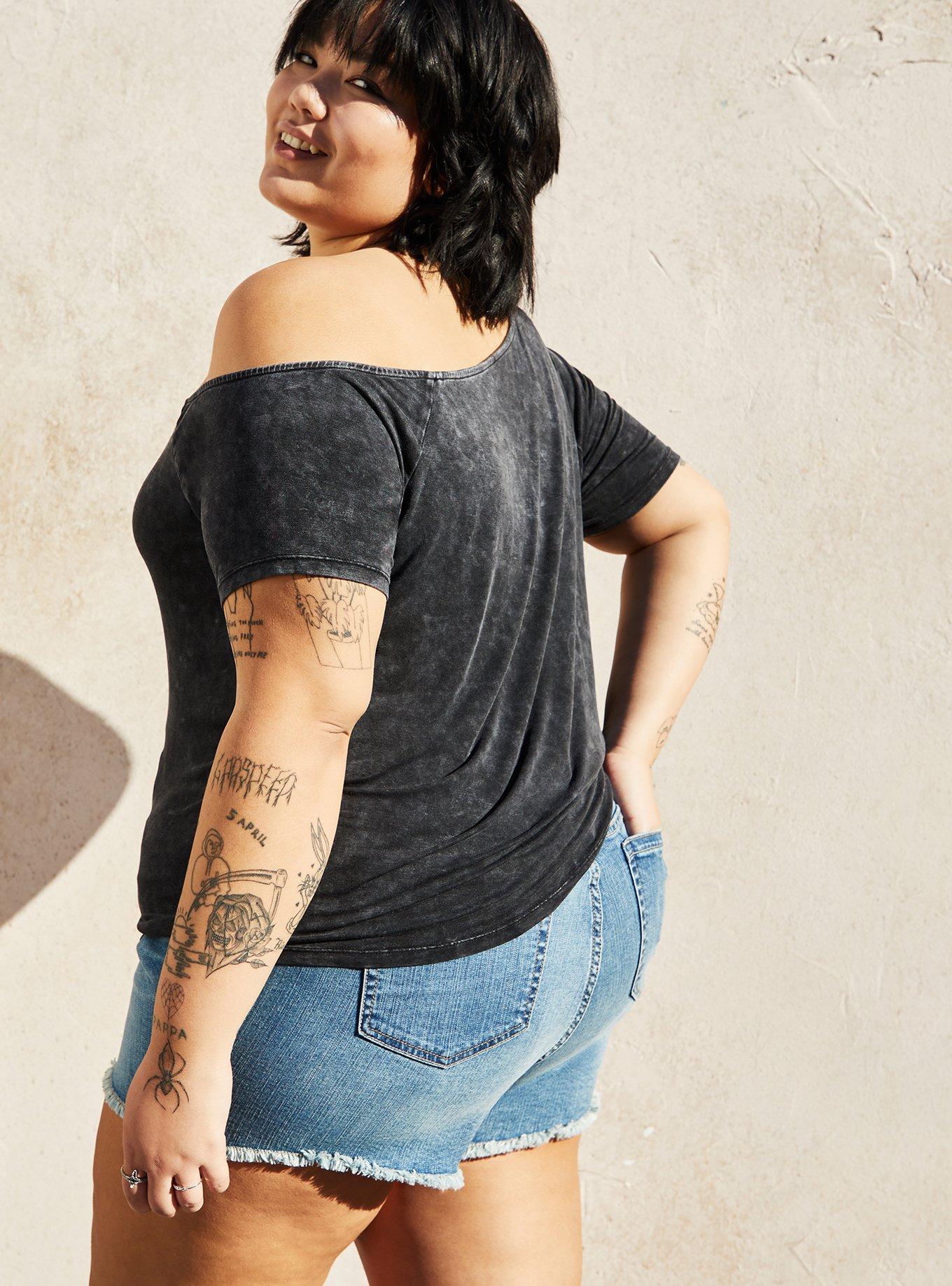 Plus Size Off-Shoulder Super Soft Short Sleeve Tee, DEEP BLACK, alternate