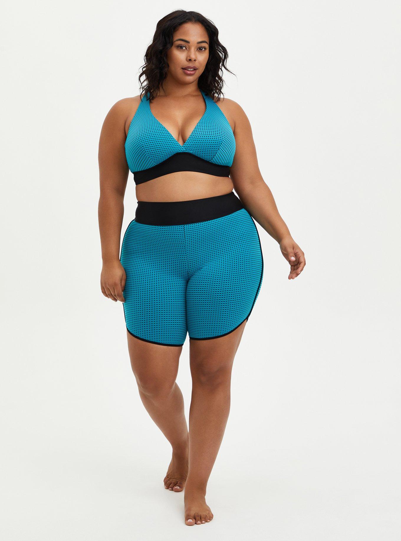 Plus Size Teal Mesh Active Swim Biker Short, TEAL, alternate