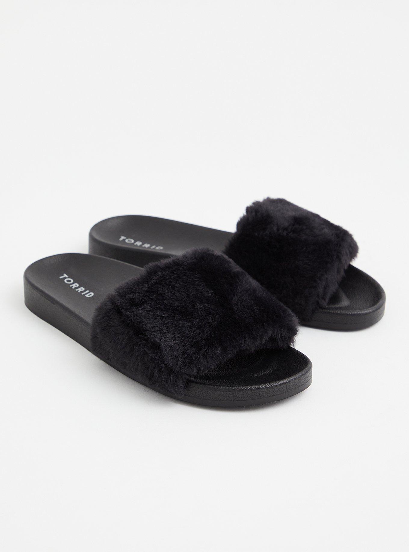 Plus Size Faux Fur Strap Slide (WW), BLACK, alternate