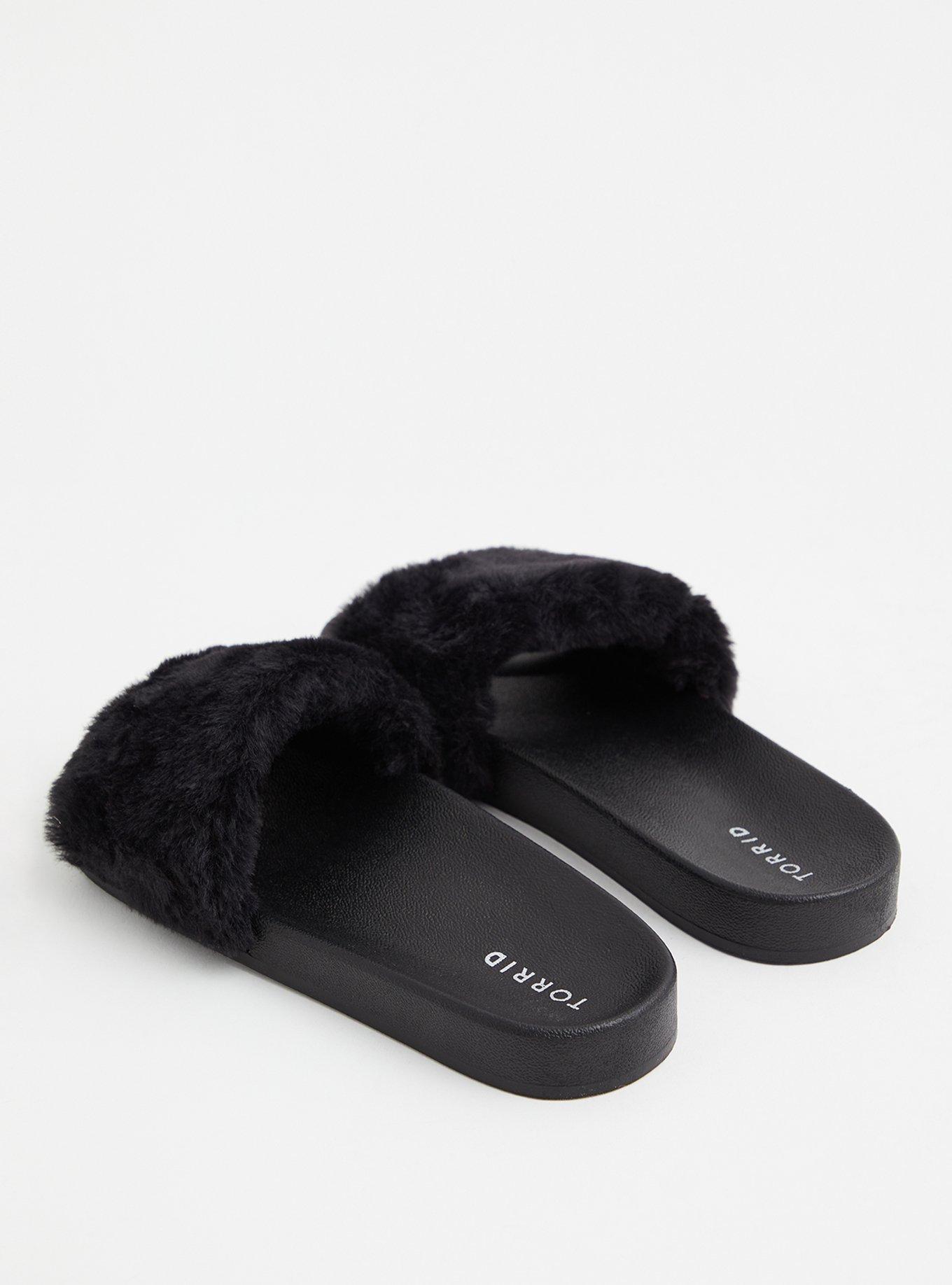 Plus Size Faux Fur Strap Slide (WW), BLACK, alternate