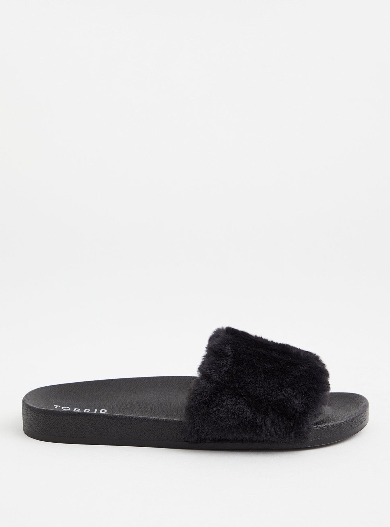 Plus Size Faux Fur Strap Slide (WW), BLACK, alternate