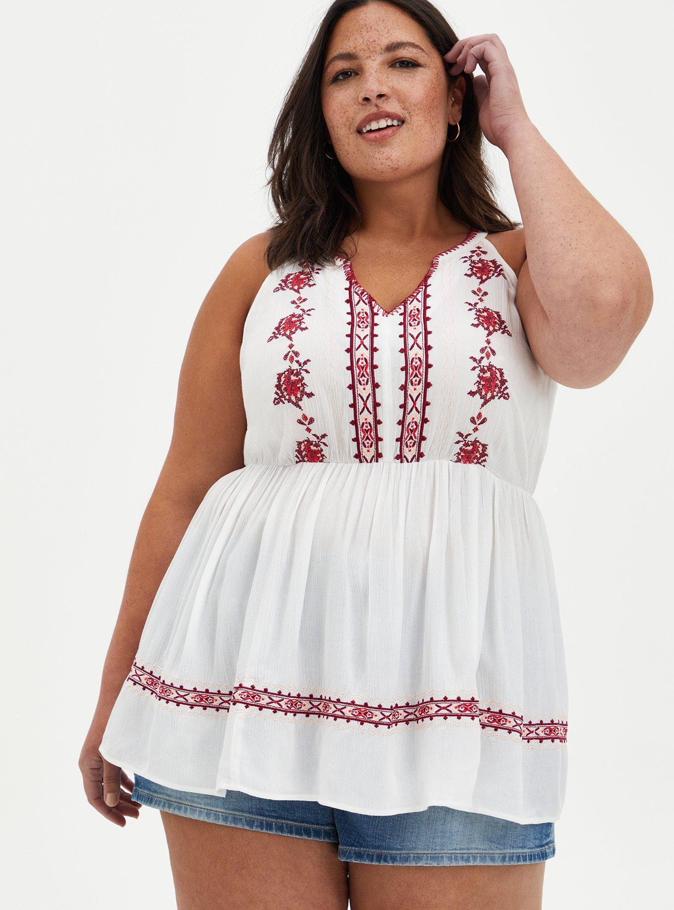 Plus Size Babydoll Gauze Embroidered Tank, , hi-res