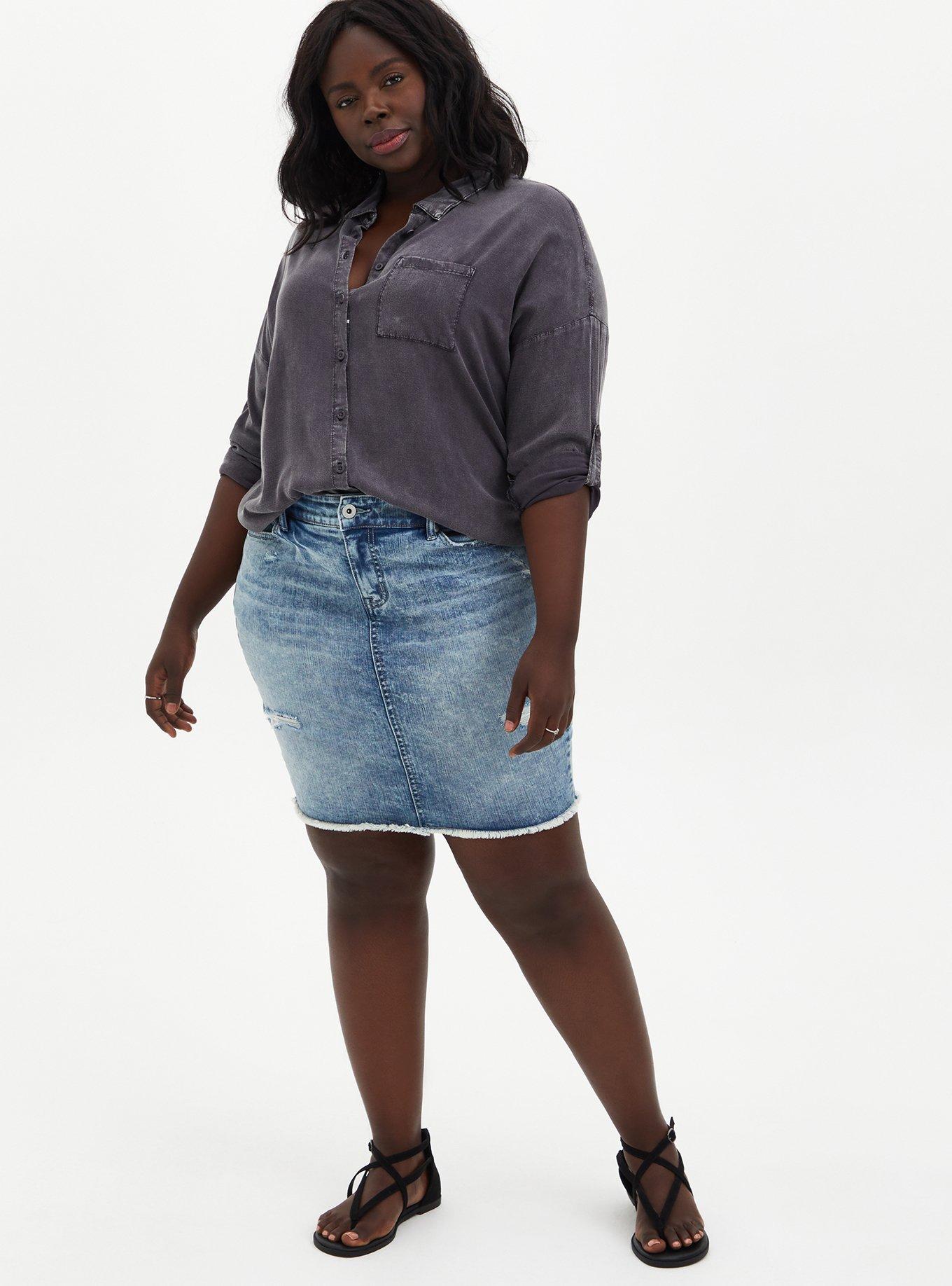 Plus Size Burnout Denim Mini Skirt, BURNOUT, alternate