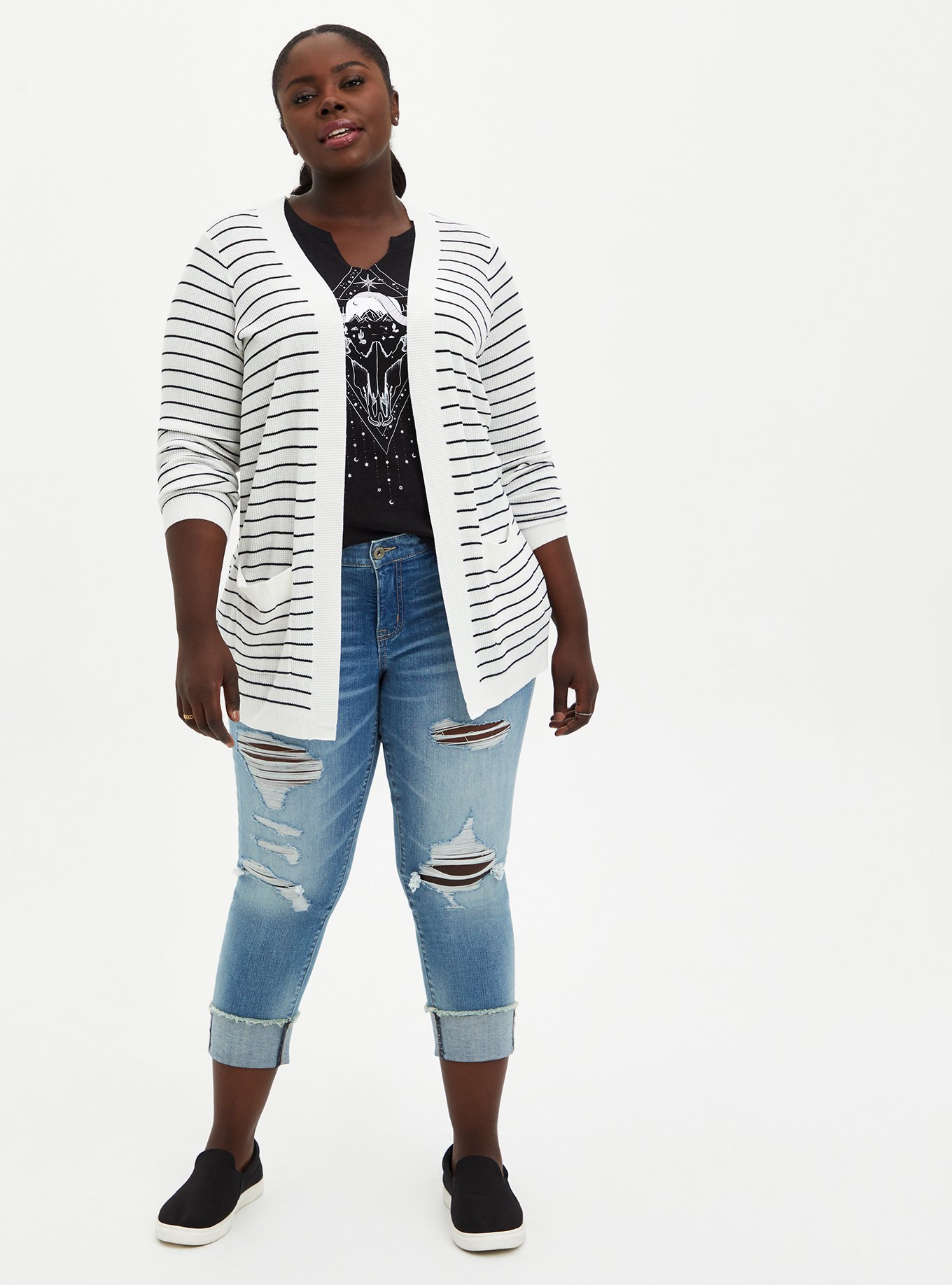 Plus Size White & Black Stripe Open Front Cardigan Sweater, , alternate