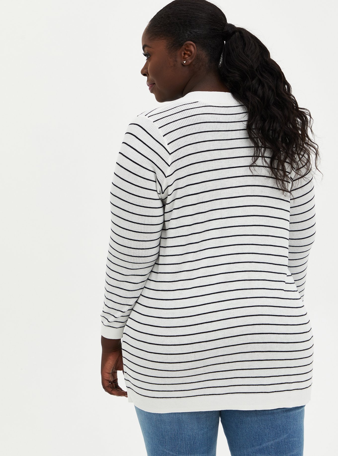 Plus Size White & Black Stripe Open Front Cardigan Sweater, , alternate