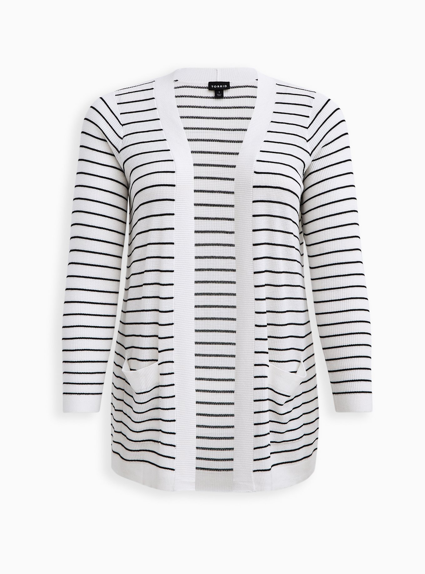 Plus Size White & Black Stripe Open Front Cardigan Sweater, , hi-res