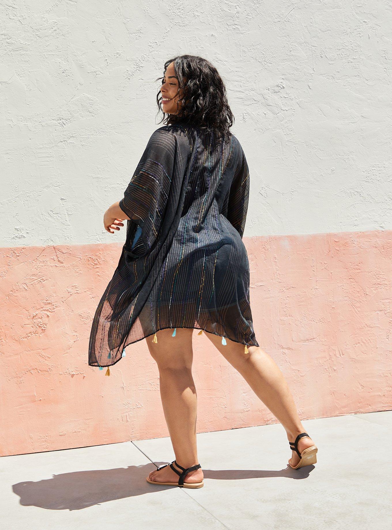 Black & Rainbow Stripe Fringe Ruana, , alternate