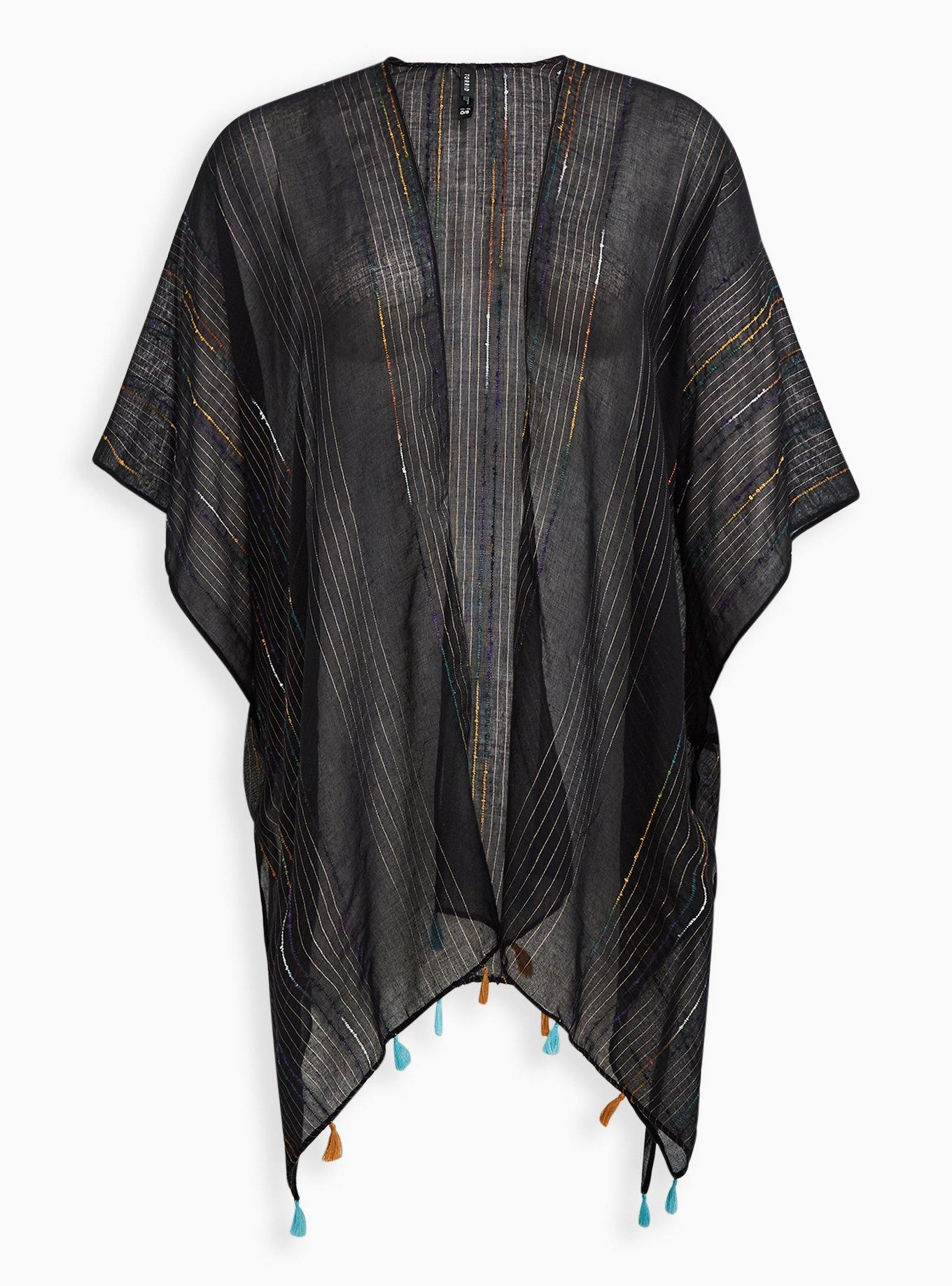 Black & Rainbow Stripe Fringe Ruana, , hi-res