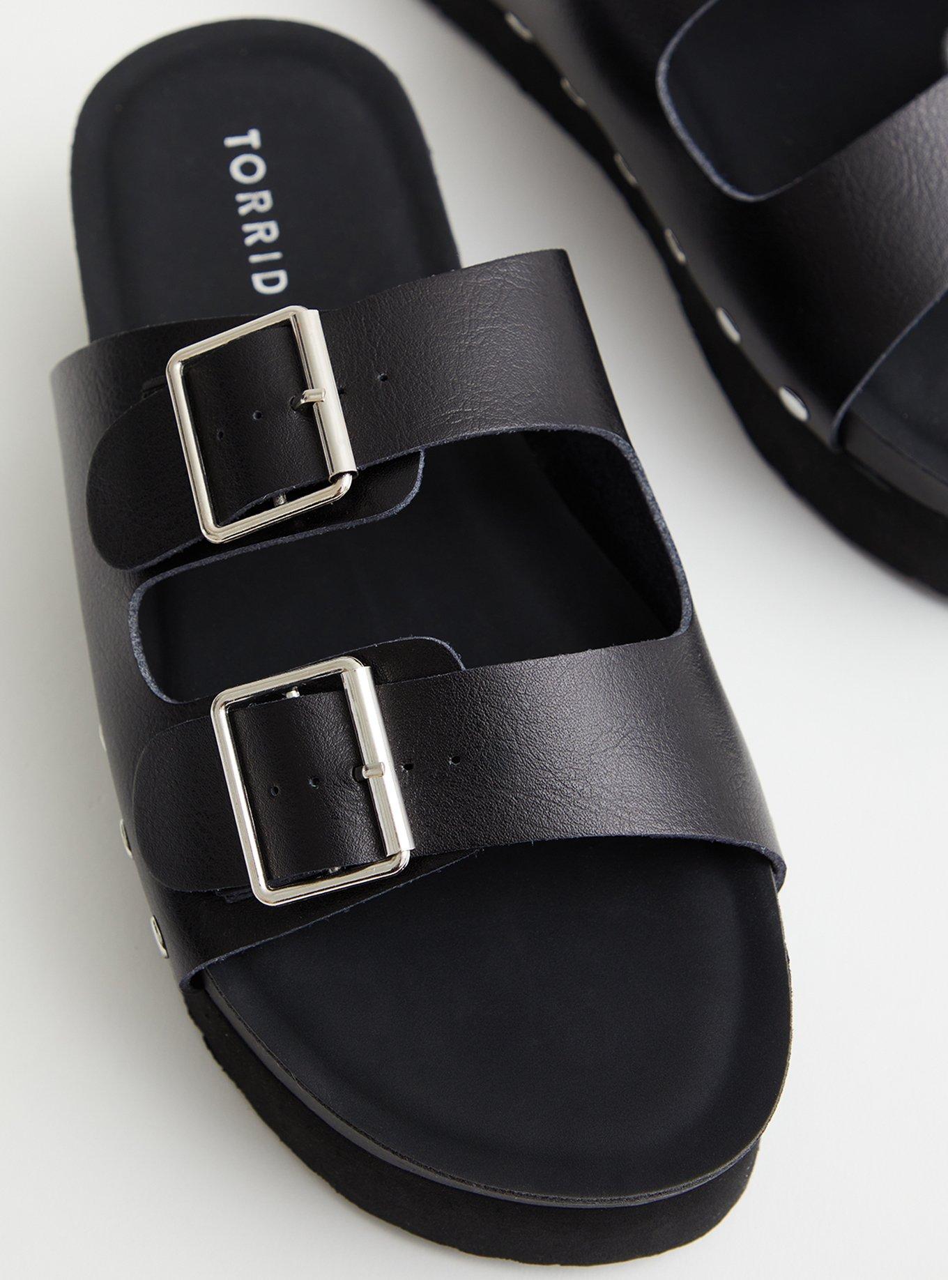 Plus Size Black Faux Leather Flatform Sandal, BLACK, alternate