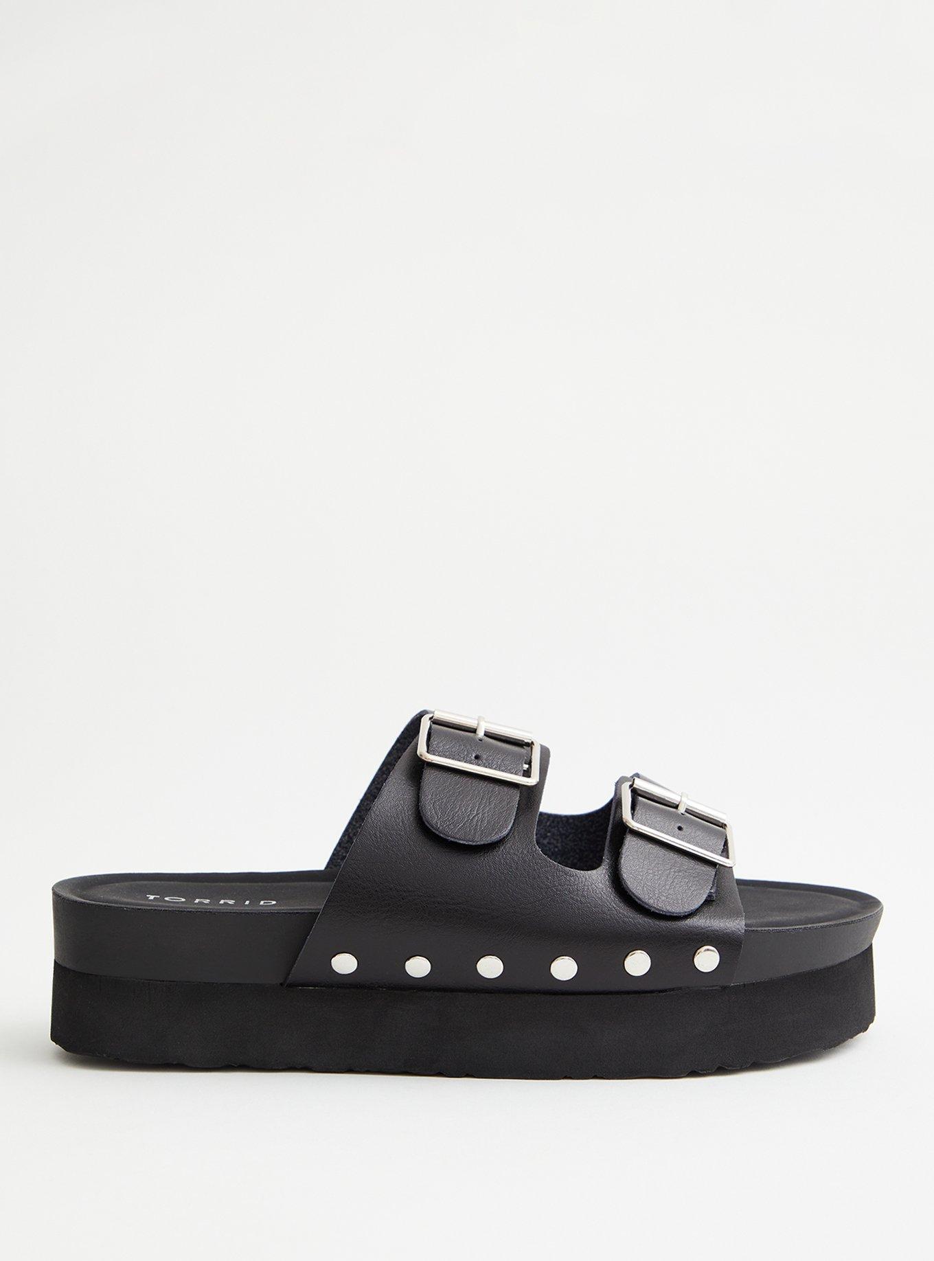 Plus Size Black Faux Leather Flatform Sandal, BLACK, alternate