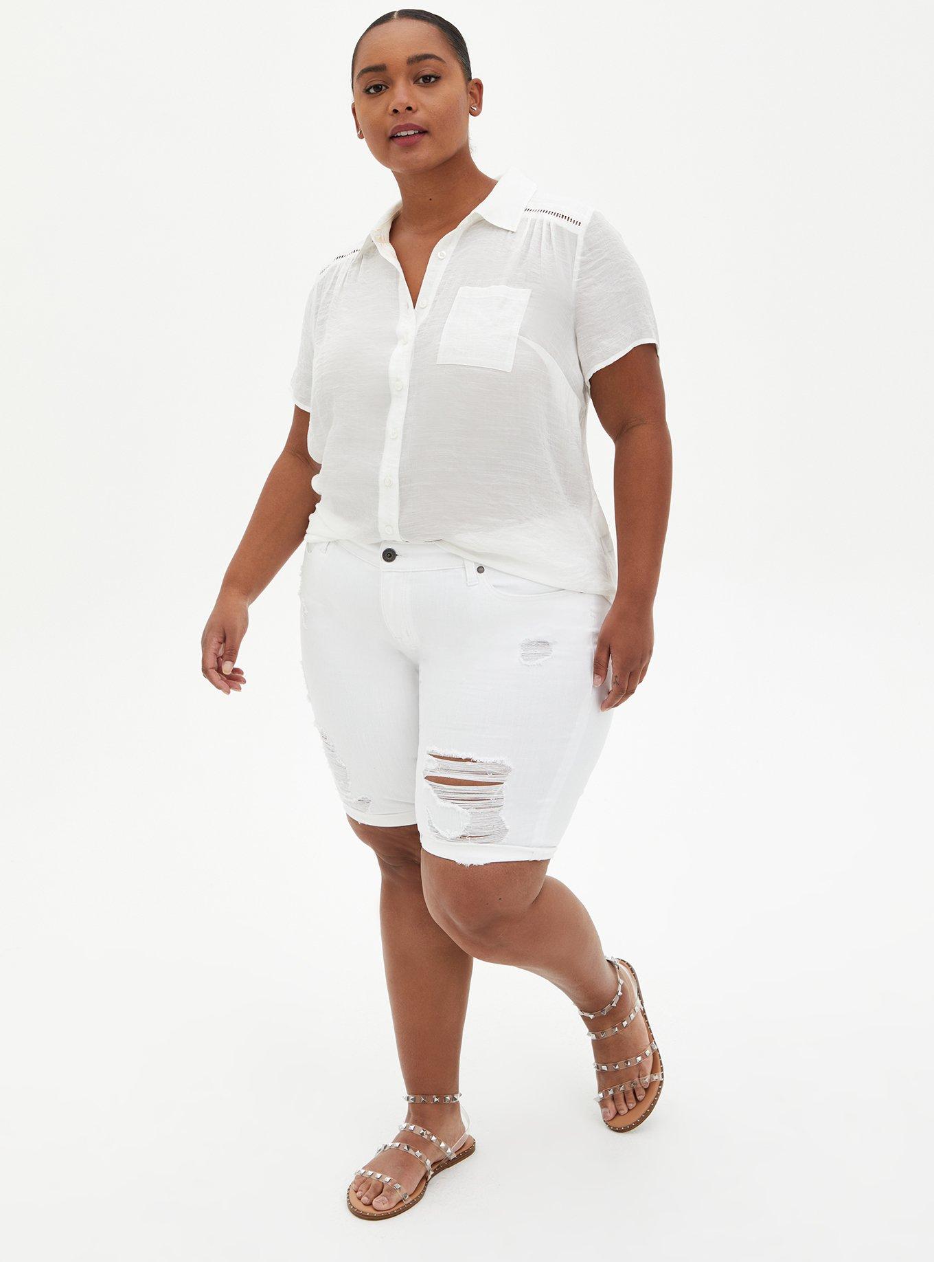 Lindsay Crochet Inset Button-Down Shirt, CLOUD DANCER, alternate