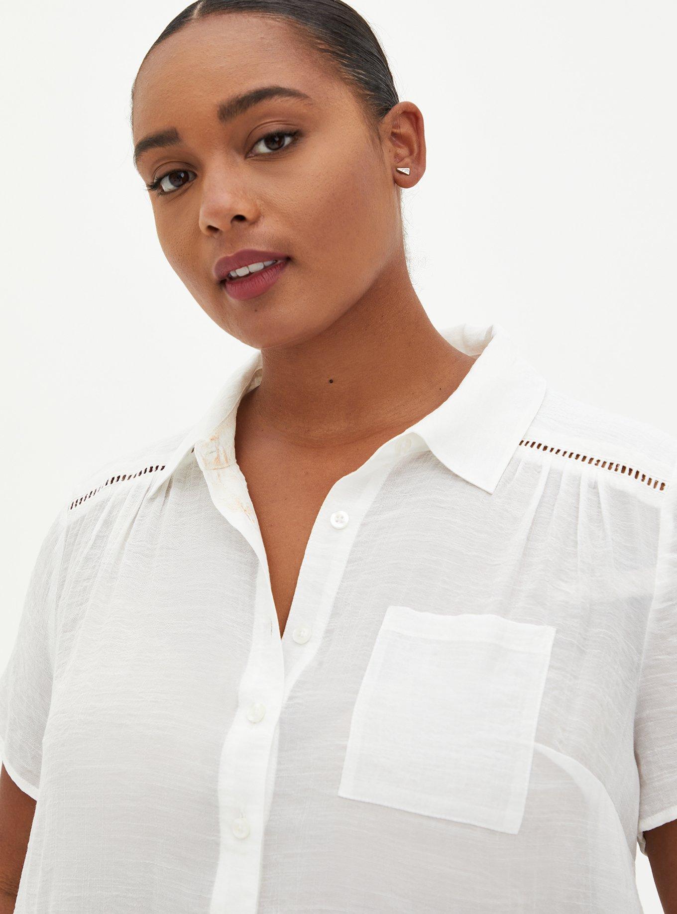 Lindsay Crochet Inset Button-Down Shirt, CLOUD DANCER, alternate