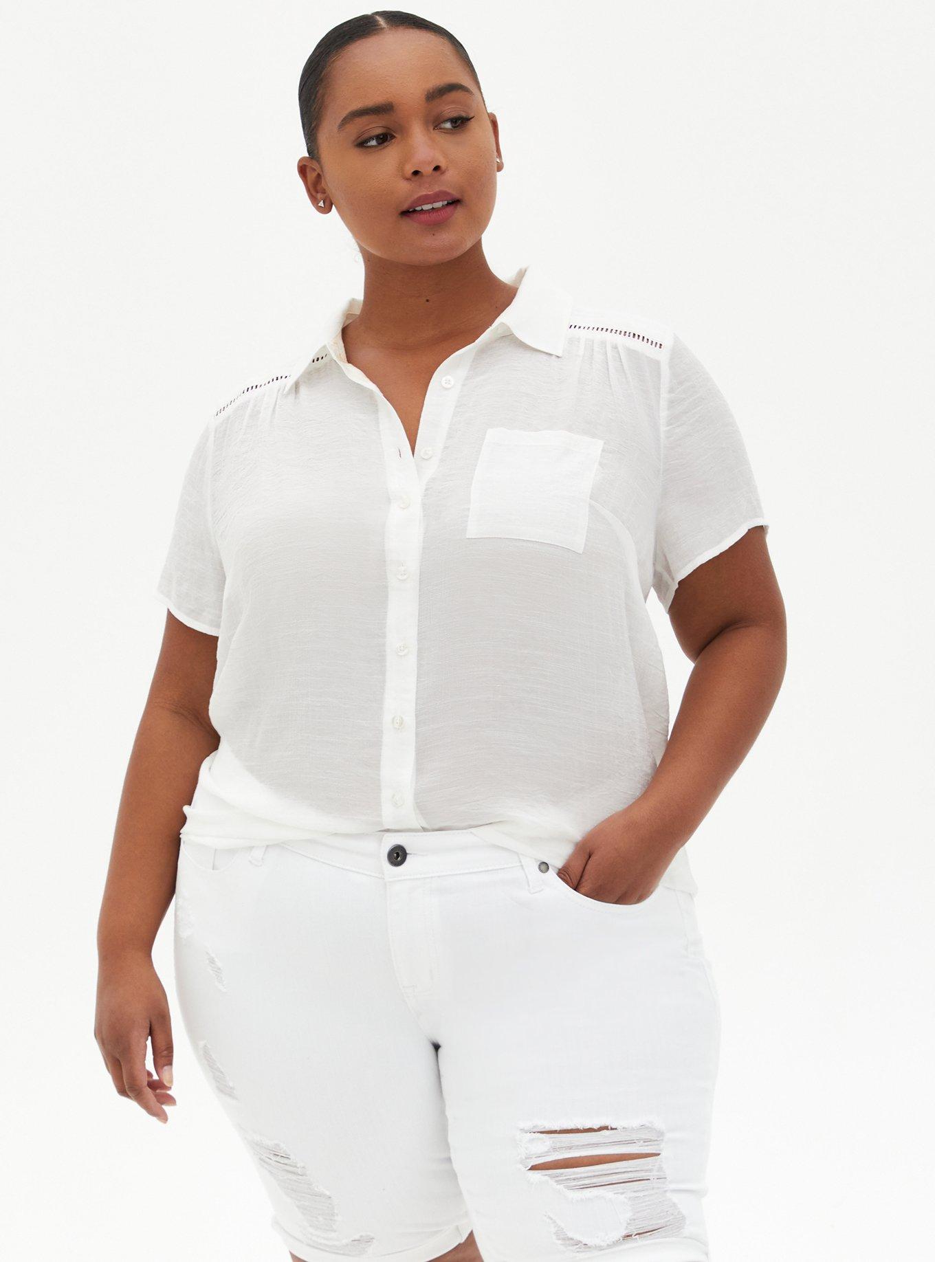Lindsay Crochet Inset Button-Down Shirt, CLOUD DANCER, hi-res
