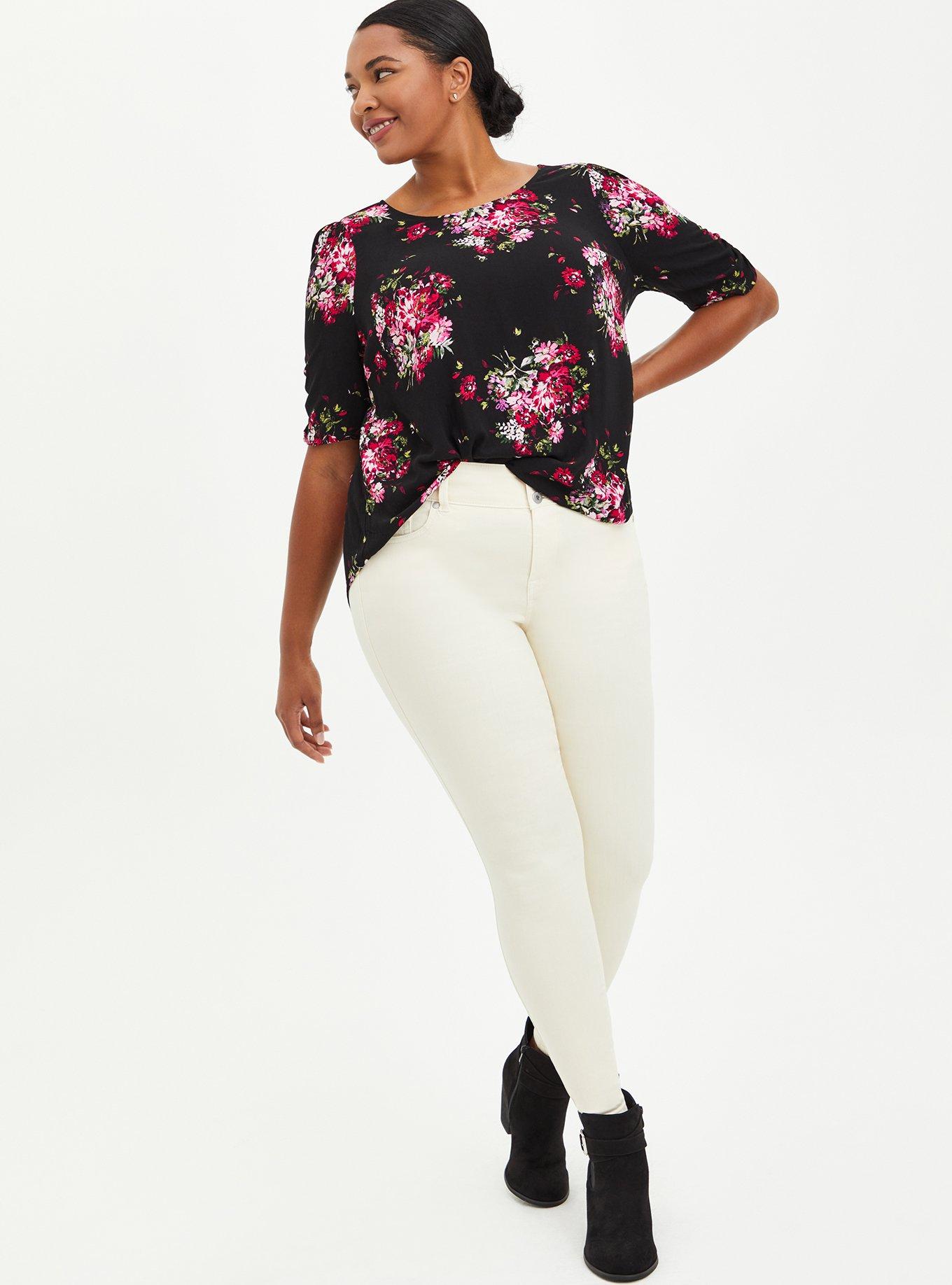 Plus Size Crepe Ruched Sleeve Blouse, FLORAL BLACK, alternate