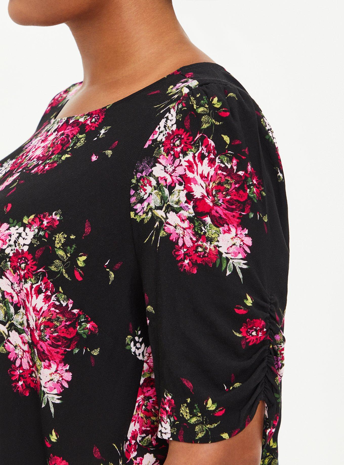 Plus Size Crepe Ruched Sleeve Blouse, FLORAL BLACK, alternate
