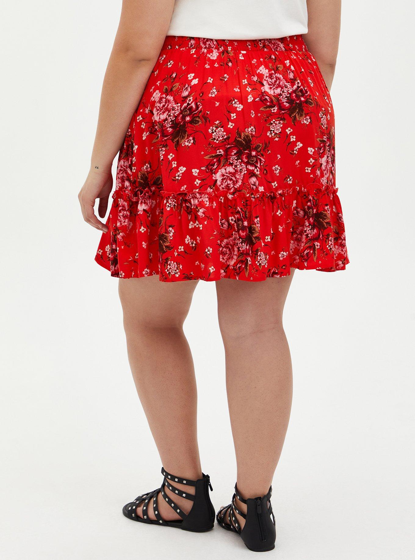 Plus Size Mini Challis Smocked Waist Skirt, RED FLORAL, alternate