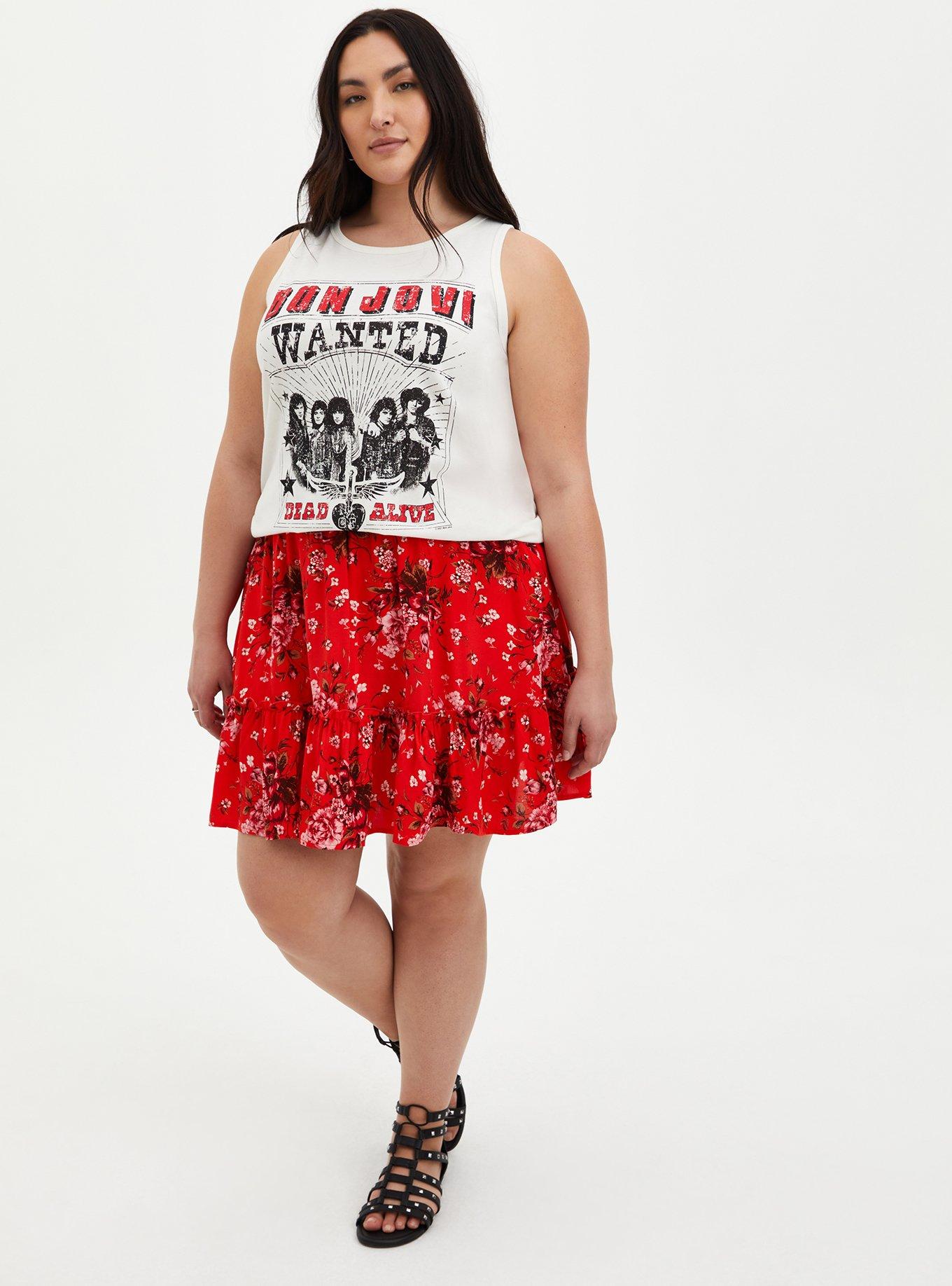 Plus Size Mini Challis Smocked Waist Skirt, RED FLORAL, alternate