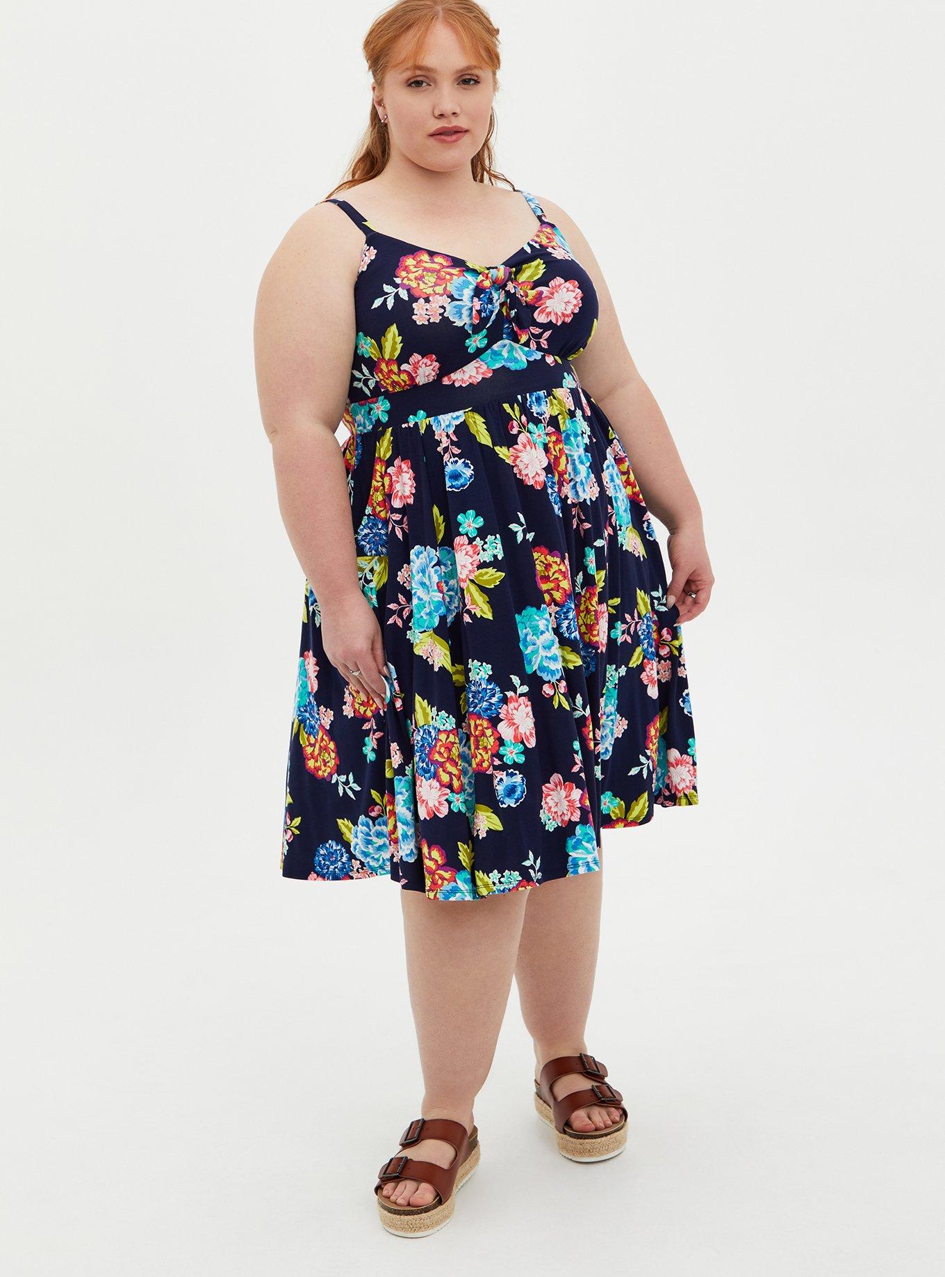 Plus Size Blue Floral Super Soft Tie Front Skater Dress Torrid