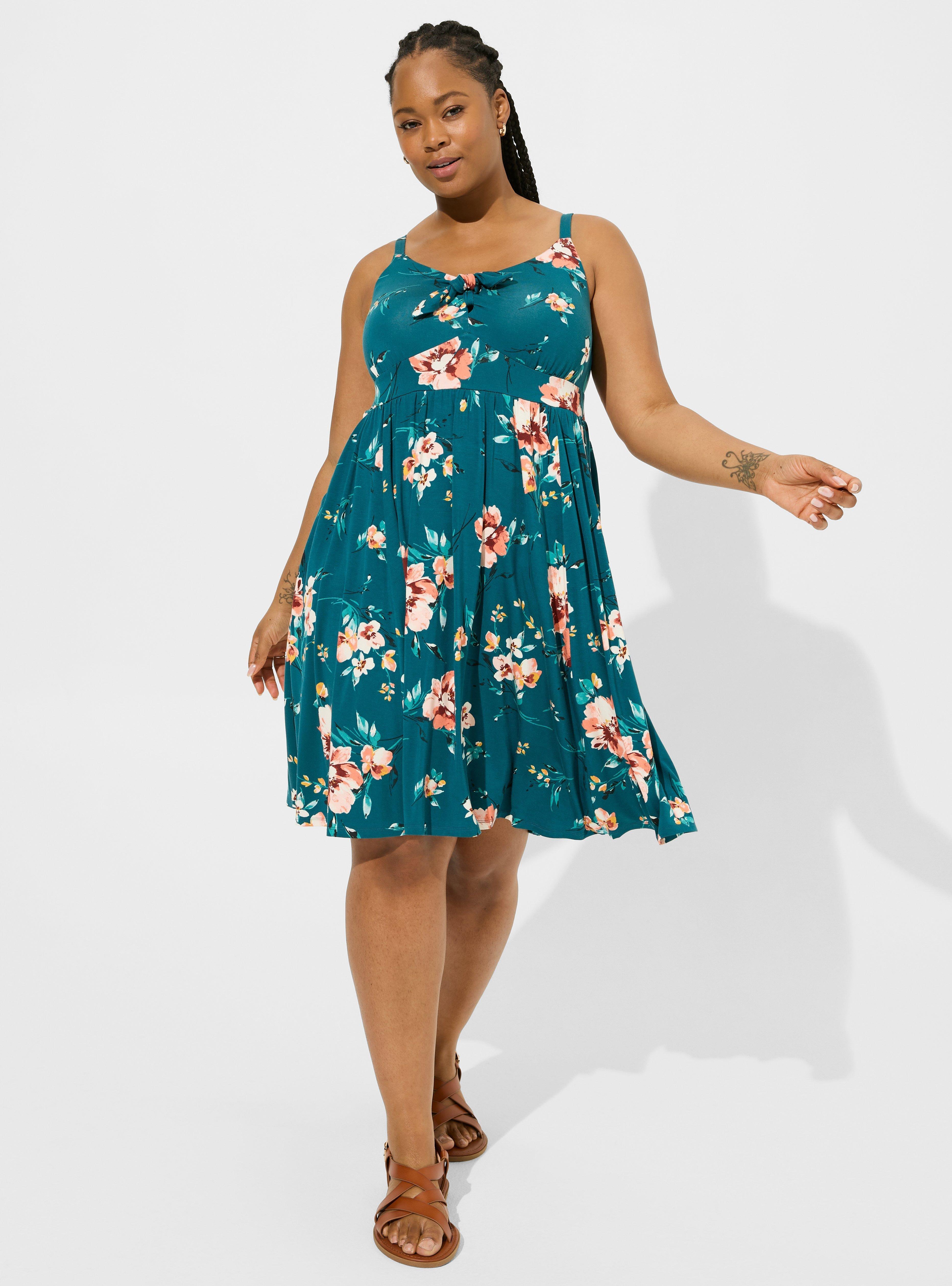 Plus Size - Blue Floral Super Soft Tie Front Skater Dress - Torrid