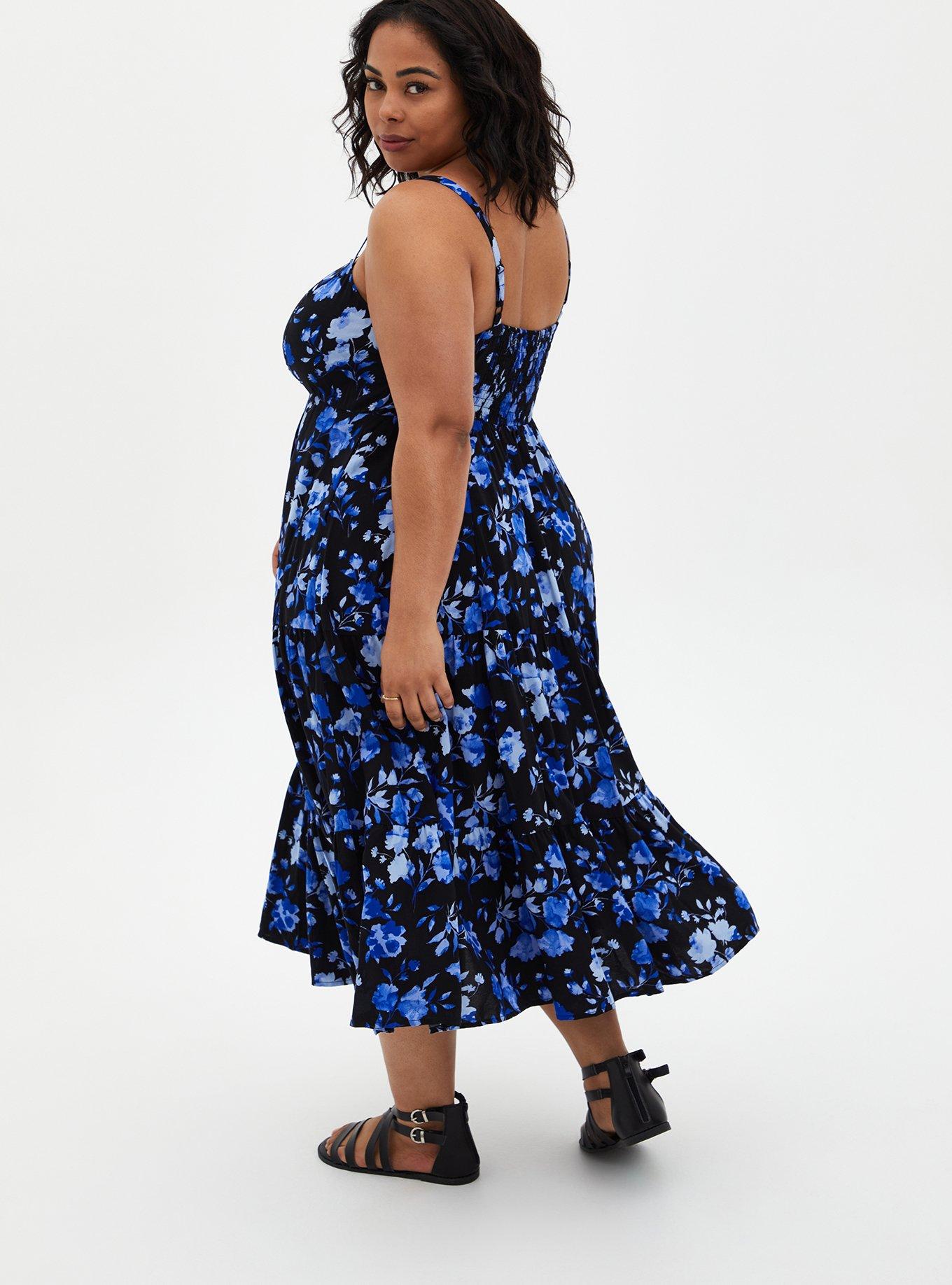 Plus Size - Blue Floral Challis Tiered Tea Length Dress - Torrid