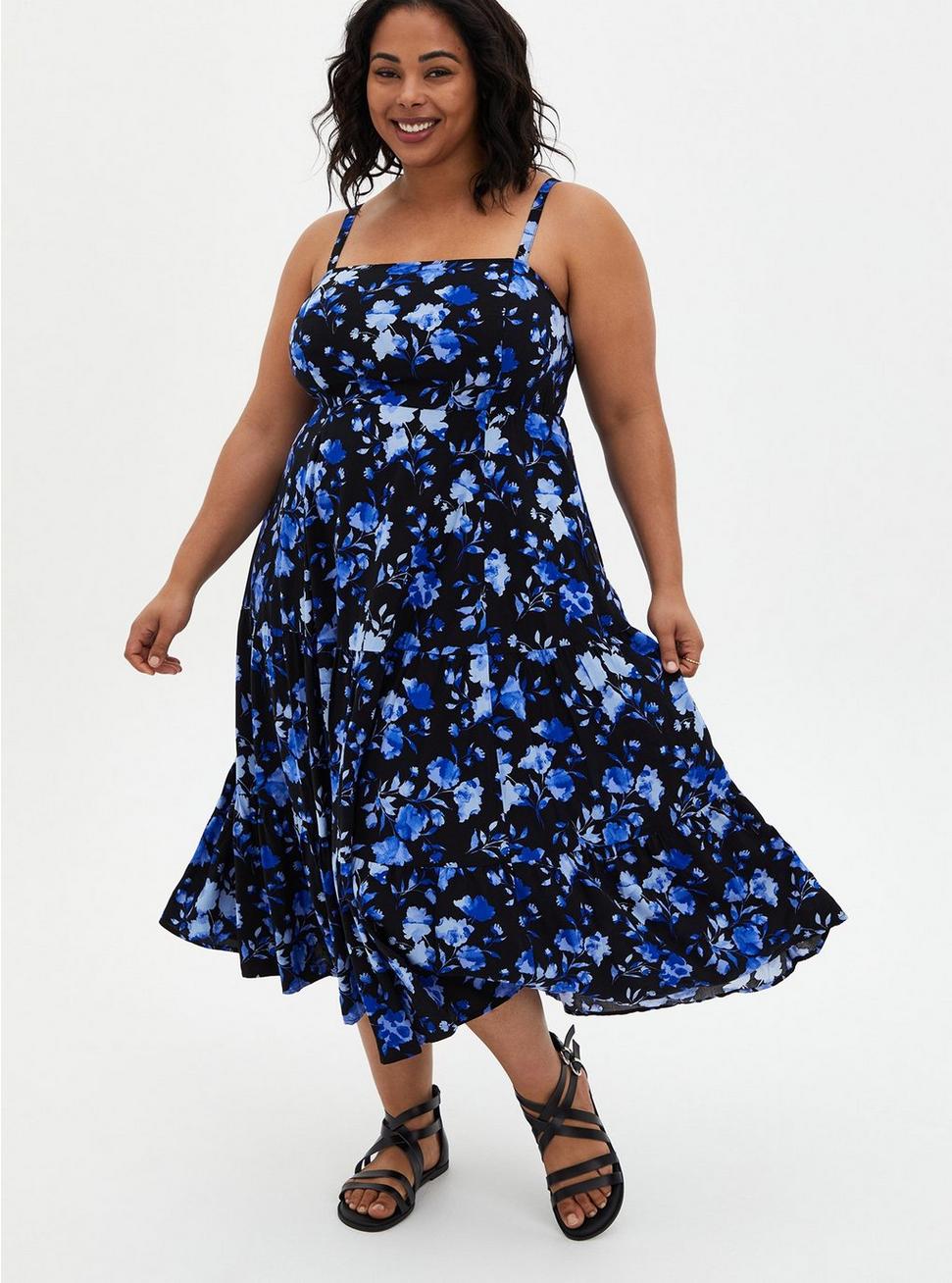 Plus Size - Blue Floral Challis Tiered Tea Length Dress - Torrid