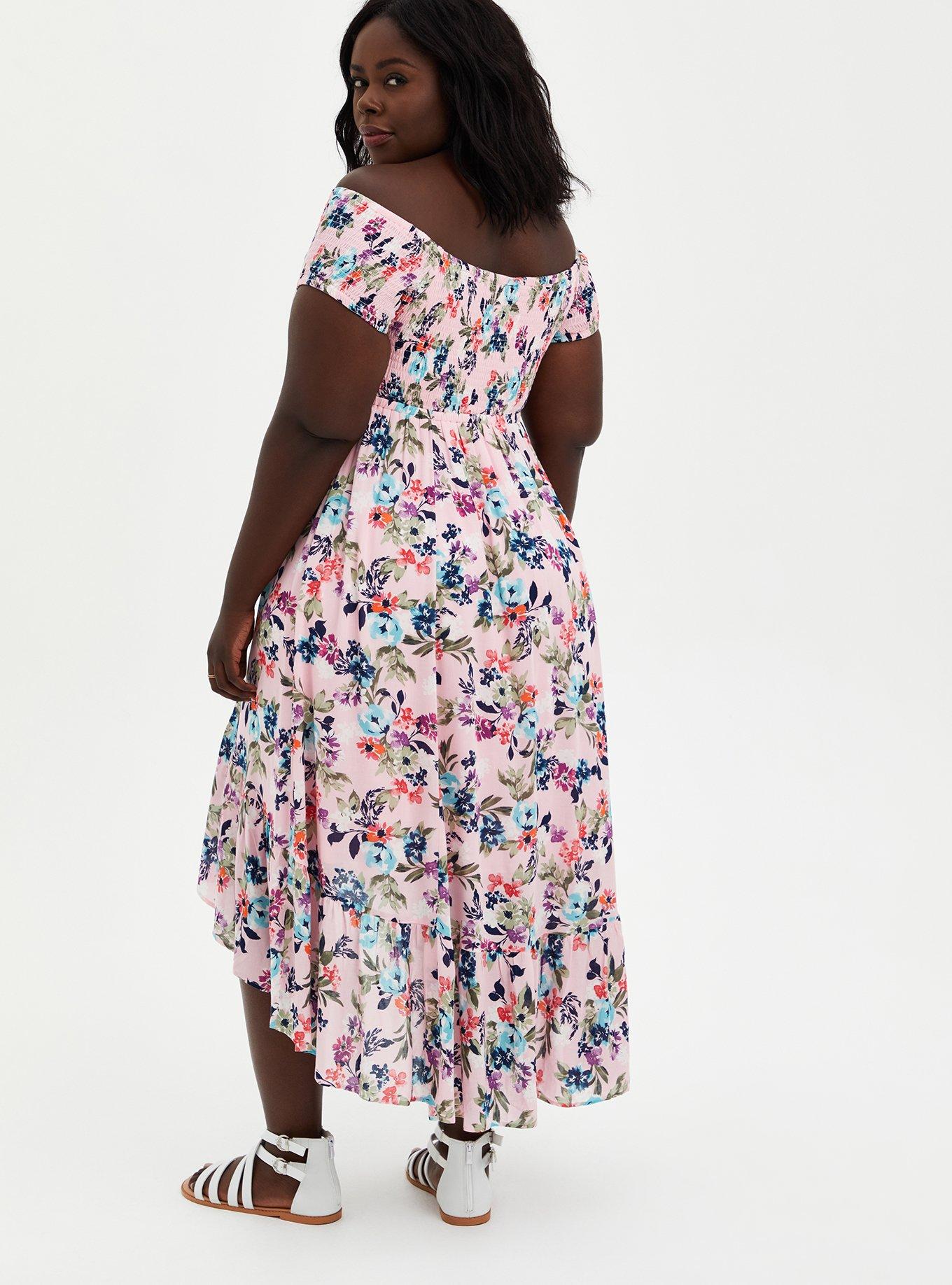 Pink Floral Off Shoulder Gauze Hi-Lo Maxi Dress , FLORAL PINK, alternate