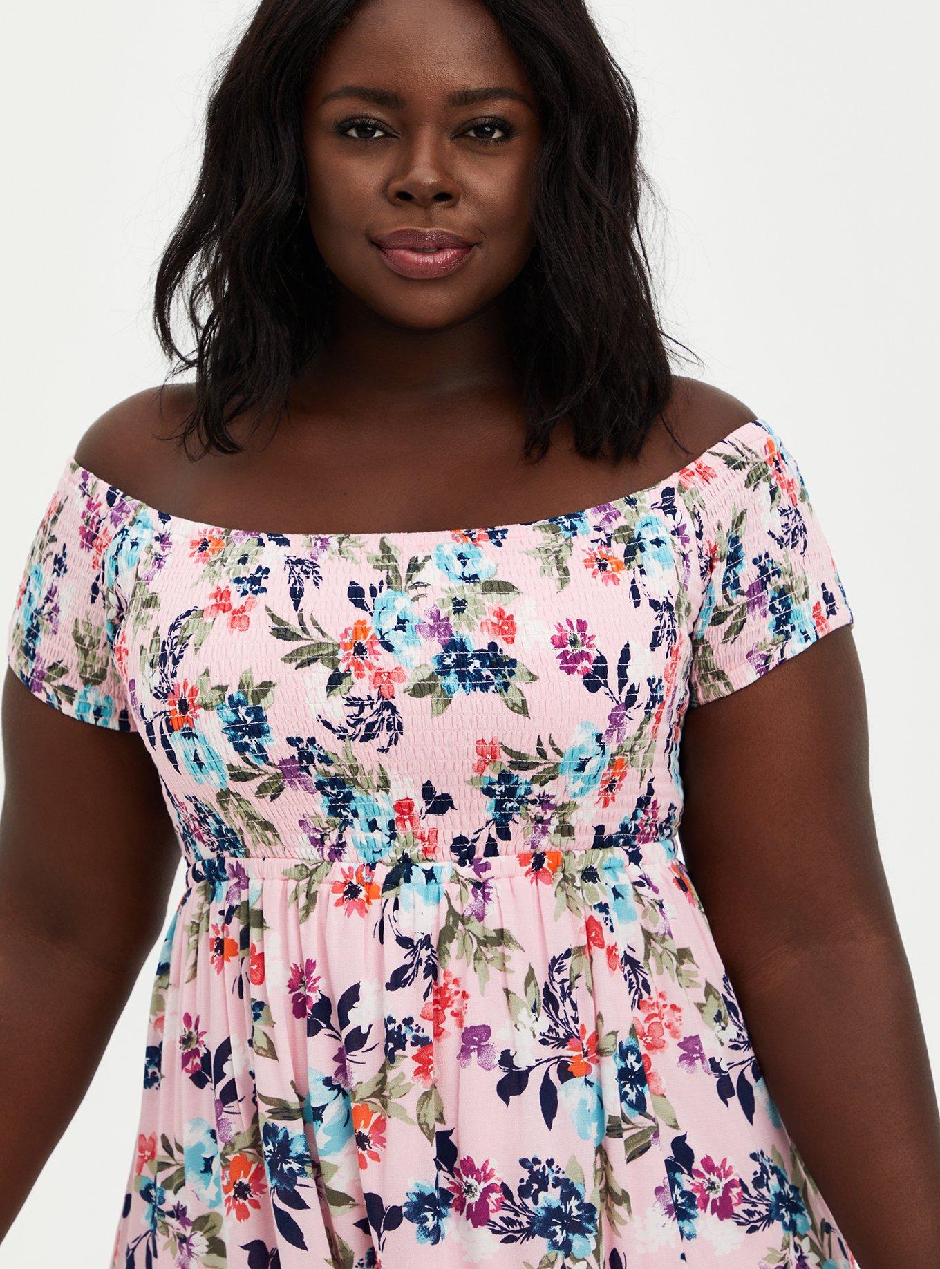 Plus Size - Pink Floral Off Shoulder Gauze Hi-Lo Maxi Dress - Torrid