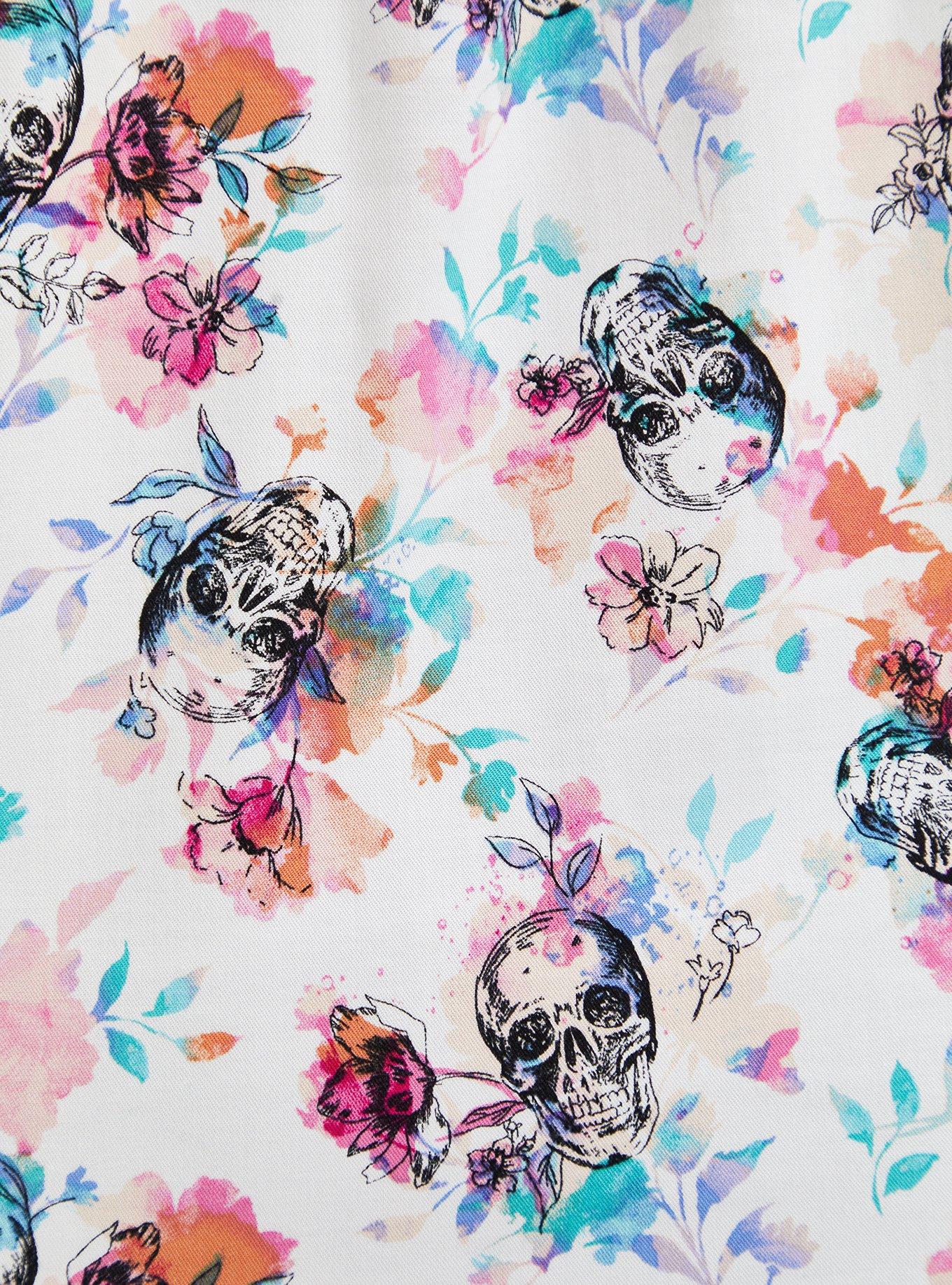Plus Size - Floral Skull Stretch Challis Button Front Blouse